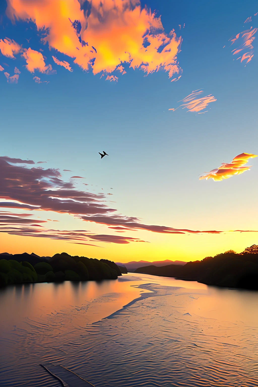 a stunning sunset vista landscape photography, Masterpiece, trending on CGSociety, 4K, 8K, River，Wide river surface，（A flying water bird:1.5），Clouds