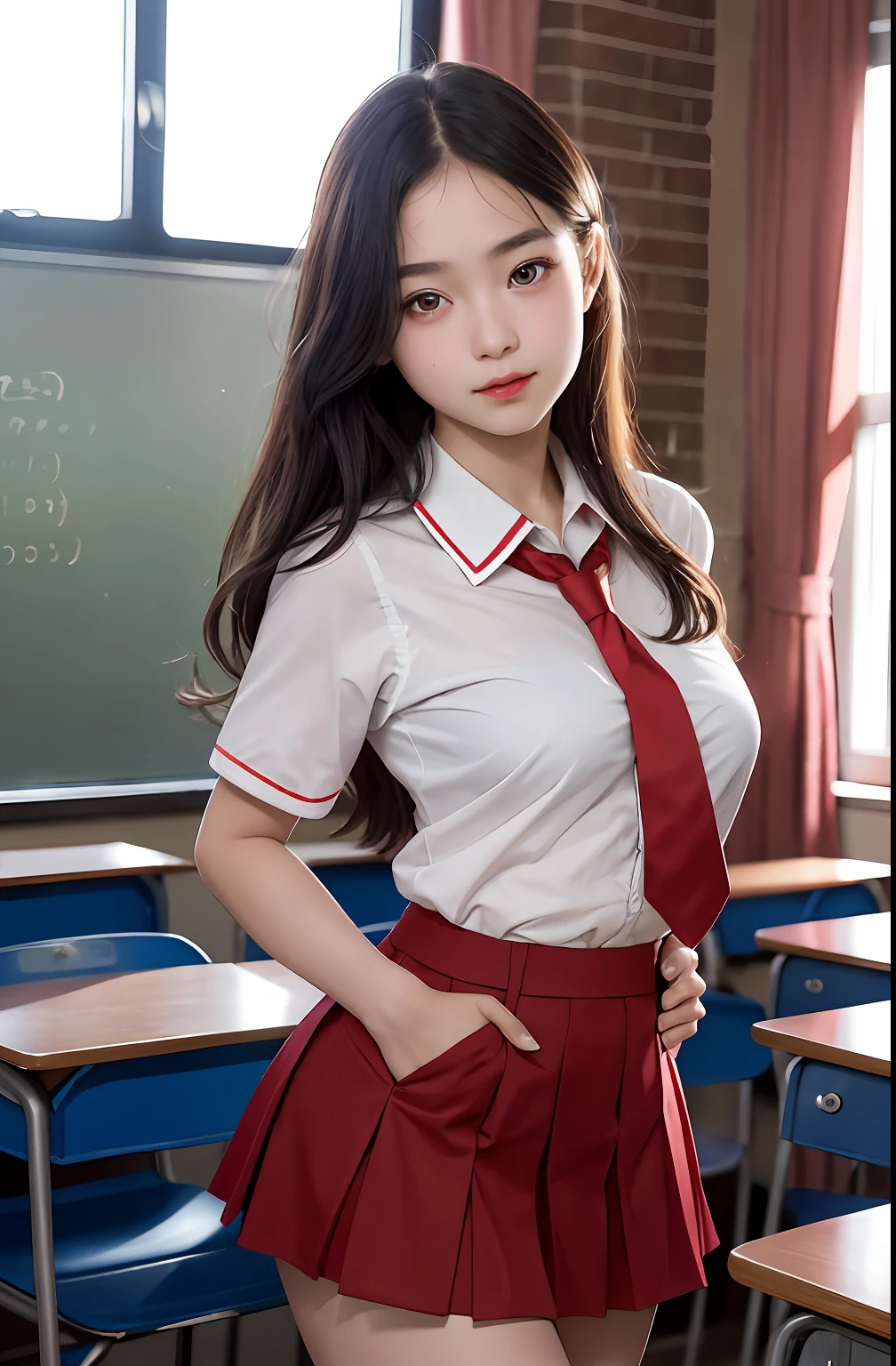 1girl, cute, 16 years old, seductive expression, look at viewer, white school uniform, red short skirt, red tie, seifuku, photo, realistic, best quality, hires, detailed face, classroom, detailed background, diffused lighting, depth of field, bokeh,sexual expression, seductive expression,armpit