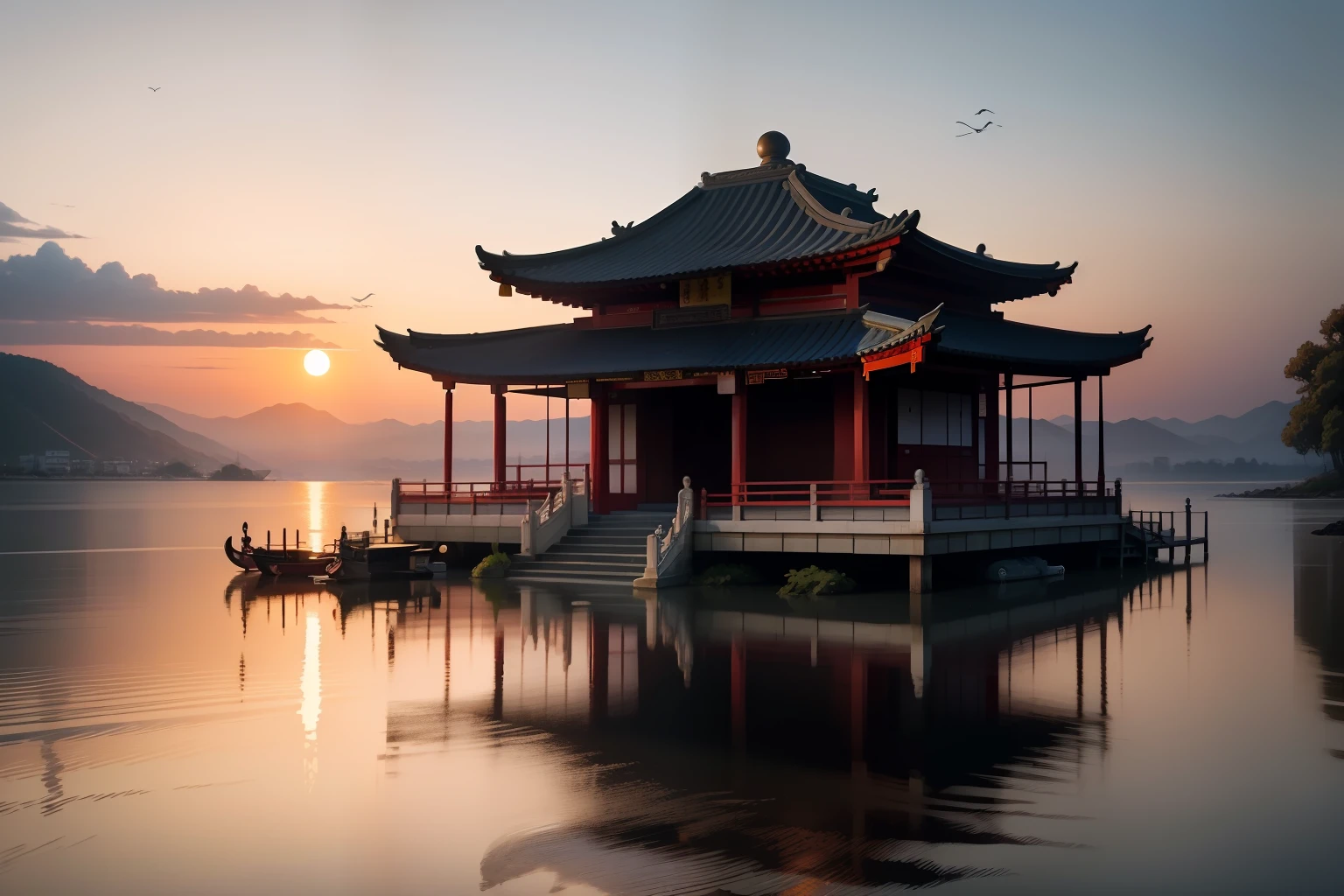 tmasterpiece,illustration,The sunset is shining,Wild goose,Several wild geese fly in the sky,minakata,The waves are calm,There is an old Chinese pavilion building;