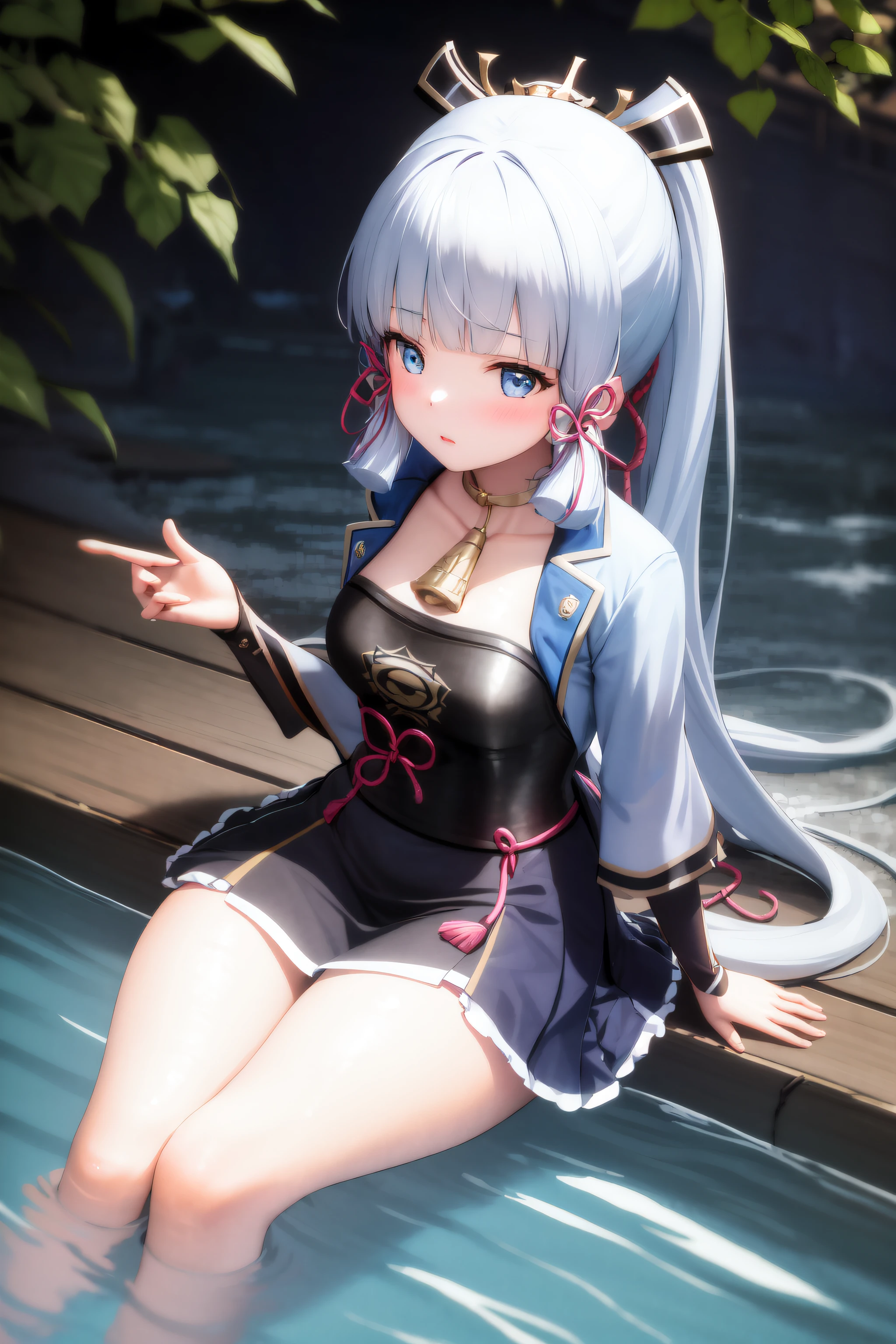 masterpiece, highres, best quality, 1girl solo, kamisato_ayaka, sitting, from above, wading, night, poolside