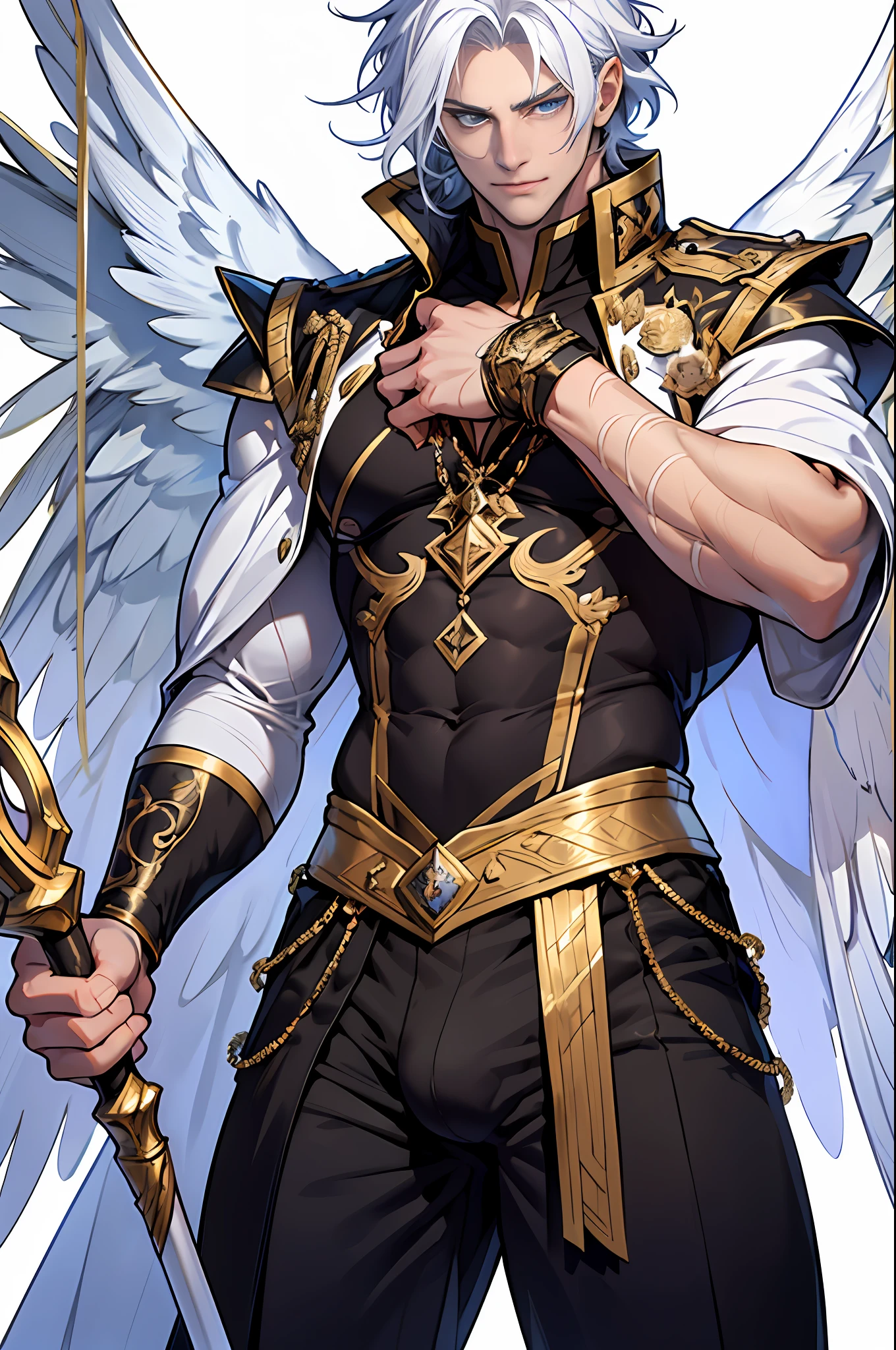 Caius is a handsome male, stands at 7ft tall. He has an athletic body structure. He wears royal attire thats silver and gold. He has beautiful white silky hair and an indescribable eye color. He is seen with a staff. He has huge white wings. A big bulge in his pants.