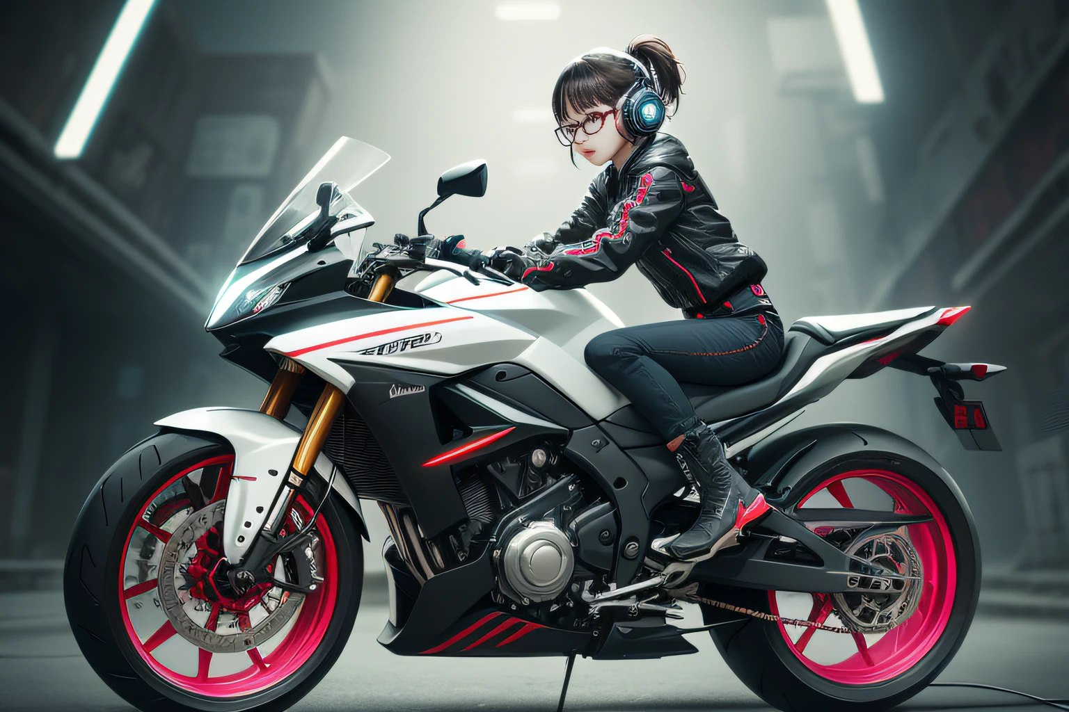 (full-body view:1.5,1 girl riding a heavy motorcycle,Color transparent plastic,Future Style,cyber punk perssonage,industrial design,cleanness,luminous neon lights,ultra-realistic realism),(China - chic Chinese intellectual girl,anatomy correct,Wear stylish glasses,Modern minimalist and stylish design,cyber punk perssonage,Oriental elements),(China - Fashion illustration:1.5,Vector painting:1.5),(Chinese colors,cyber punk perssonage,senior color matching,gradient backgrounds,white backgrounid),(The is very detailed,reasonable design,Clear lines,High- sharpness,best qualtiy,tmasterpiece,offcial art,movie light effect,4K)