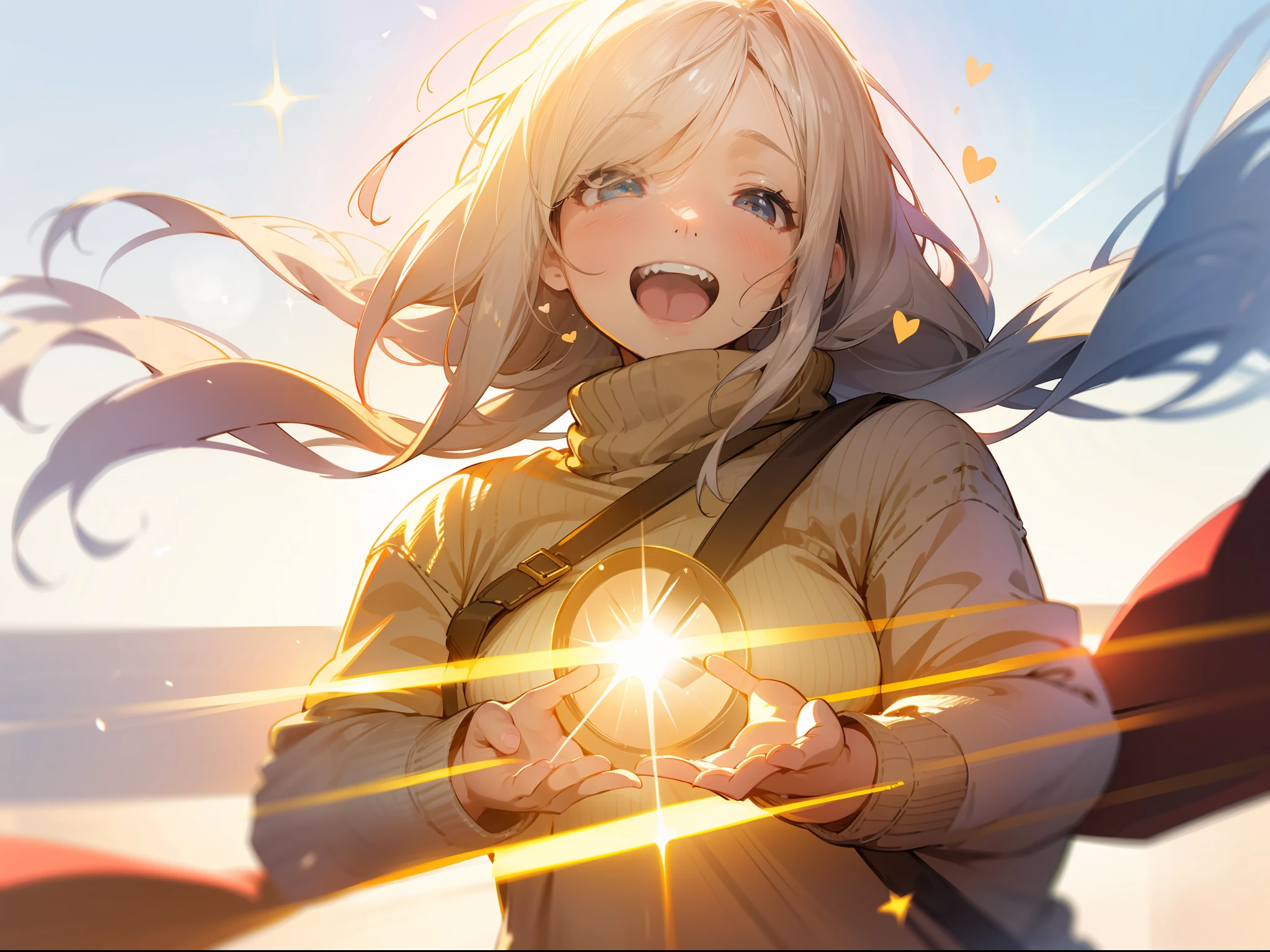 a girl, cosy sweater on, upper body, (huge Laughing:1.1), (open mouth:1.1), (wide open eyes:1.2), sun glare, bokeh, depth of field, blurry background, light particles, strong wind, (heart particles:1.1)