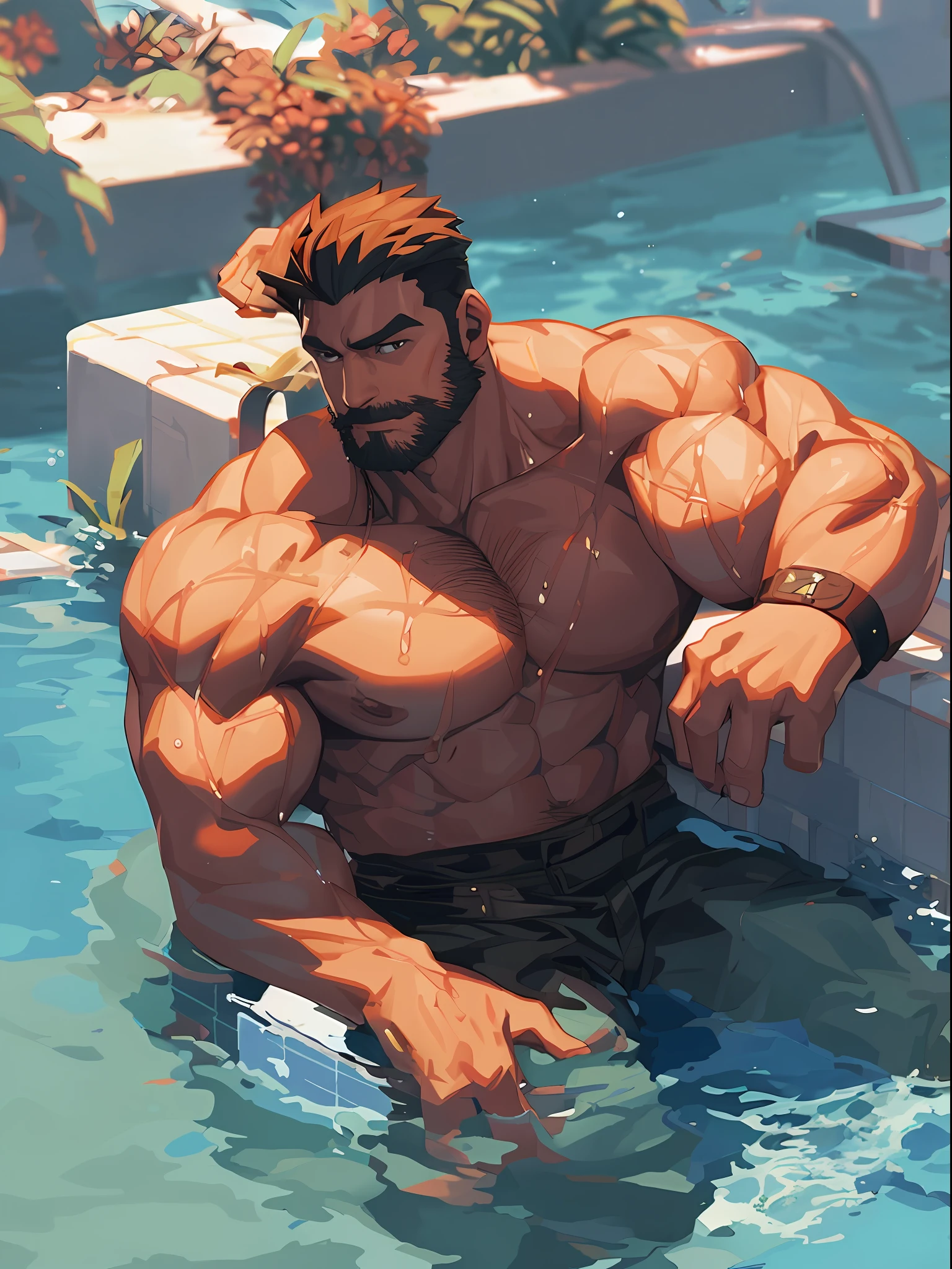 there is a man that is sitting in the water with a cell phone, super buff and cool, muscular character, big biceps, large muscles, muscular!!, gigachad muscular, muscular characters, muscular!!!, big muscles, muscular! cyberpunk, male art, massive muscles, muscular male hero, beefcake pose, beefy, commission for high res, muscular! close up shot, portrait