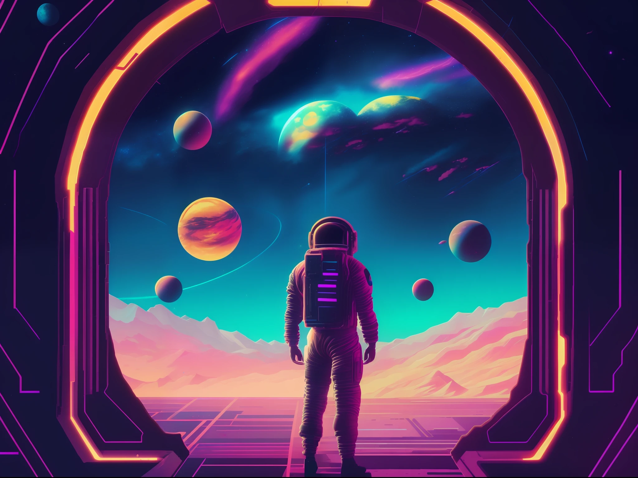 a man in a space suit standing in front of a doorway, portal to outer space, looking out into space, neon landscape, masterpiece epic retrowave art, epic retrowave art, synthwave art style, retrowave art, beautiful art uhd 4 k, outrun art style, retrowave epic art, vaporwave,retro wave, synthwave art, outrun style and colours,jen bartel,surreal space,fantasy space, outer space.