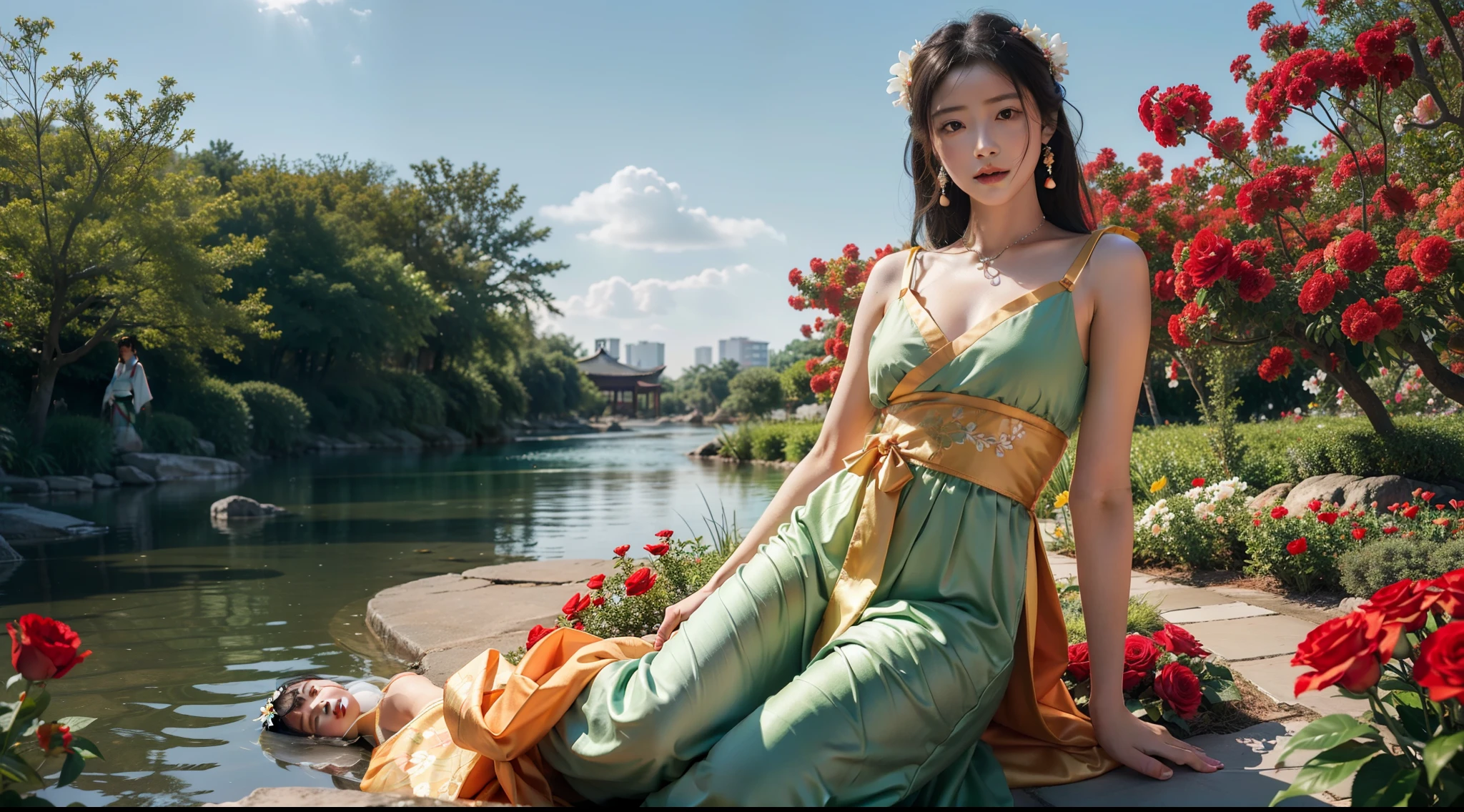 hanfu, tang style outfits, 1girl wearing light green upper shan and orange chest po skirt, red with white waistband around the waistr, white pibo wrapped around the arm,.a woman with a flower in her hair wearing a dress and jewelry with flowers in her hair and a sky background ,Gold jewelry, pearl jewelry,.Igirlhuge breasts,(holding breasts:0.3),(breast slip:0.3),(convenient breasts:0.3),black hair,open clothes,.(best quality),(extremely detailed cg 8k wallpaper), fmasterpiecel,extremely detailed,intricate,photorealistic,hyper detailed,.fine water surface,A garden full of flowers,red flowers..