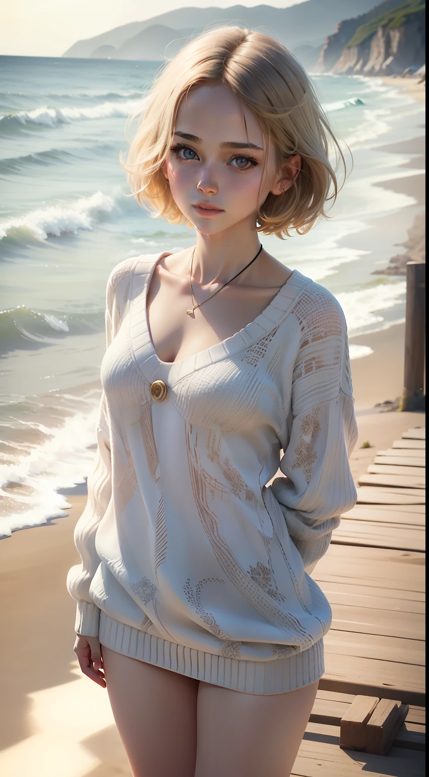 1girl, best quality, realistic, solo, depth of field, natural lighting, daytime, alluring, beautiful face, clean, pure face, pale skin, cute, short hair, beach, sunshine,flat chest, tiny breast, full body, ((sweater,beautfully face)),