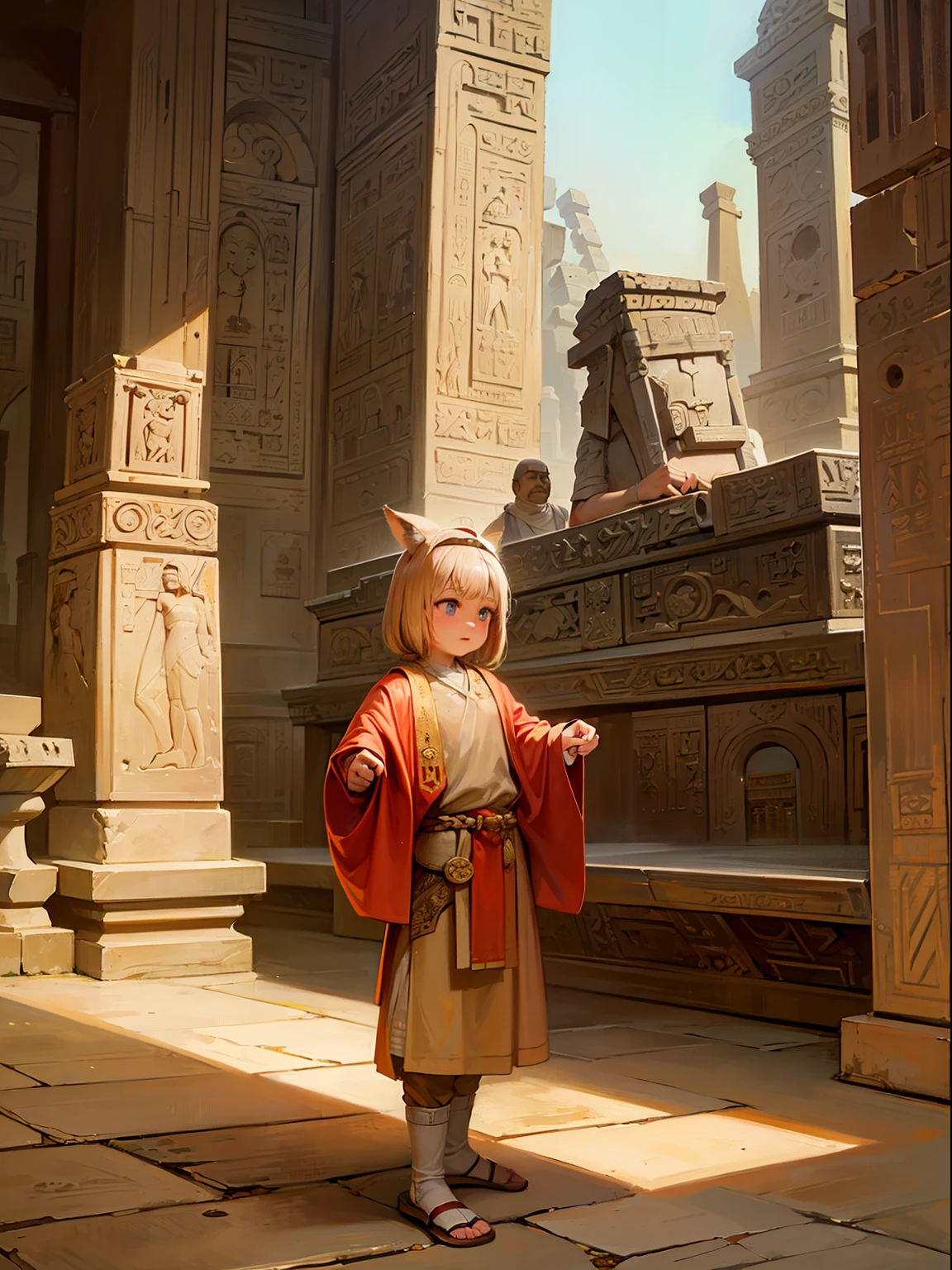 Best quality, 4k, civilized town, ancient era, crowded, fantasy, civilization, people with animal ears, daily life, lively, (ancient:2), egypt, markets, golden, (oil painting:1.3), scenery, (rocky building:1.3),
