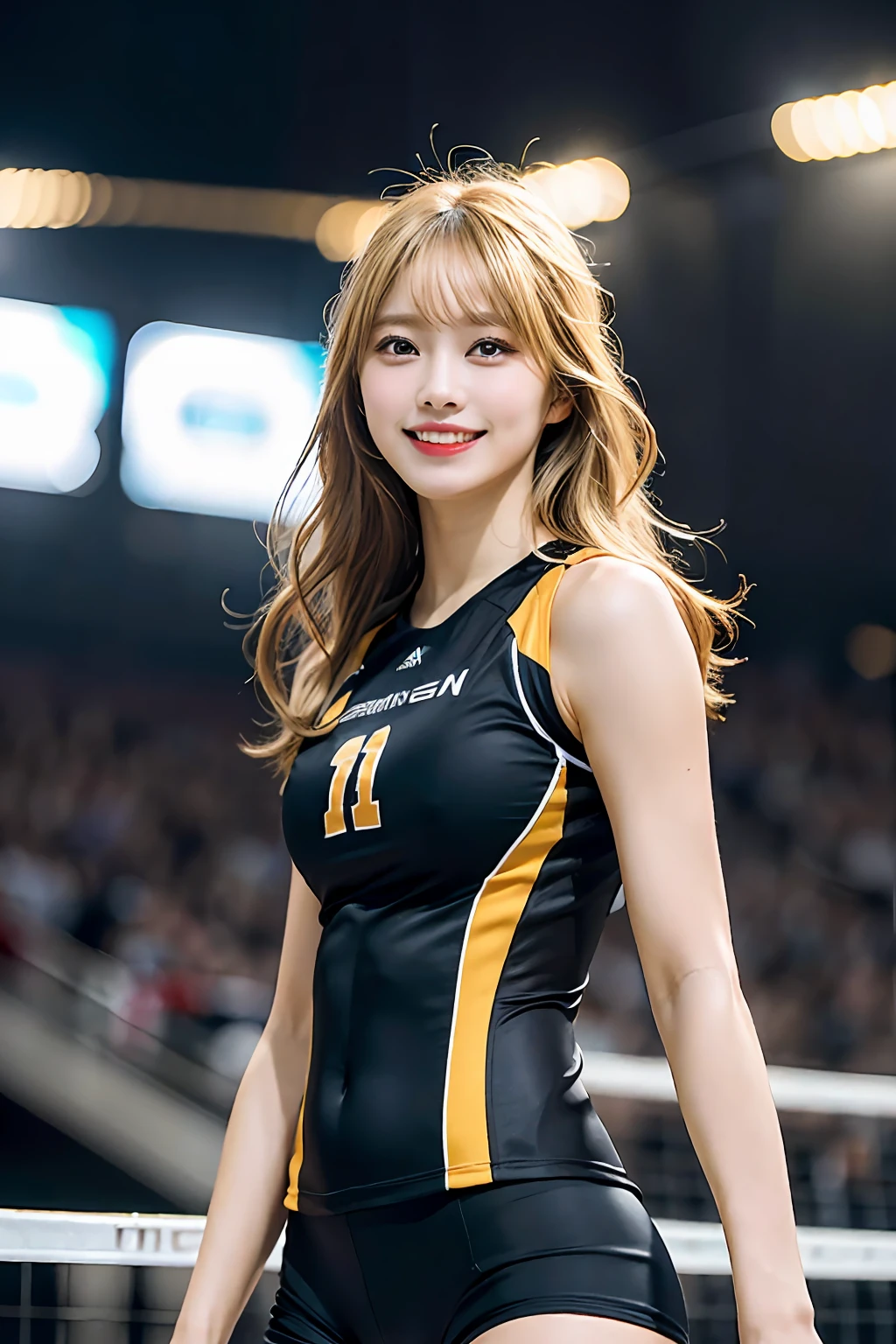 Best quality, masterpiece, ultra high res, (photorealistic: 1.4), highly detailed, professional lighting smile, Stick out the tip of the tongue. Golden-haired black woman playing volleyball, in stadium, tight suit