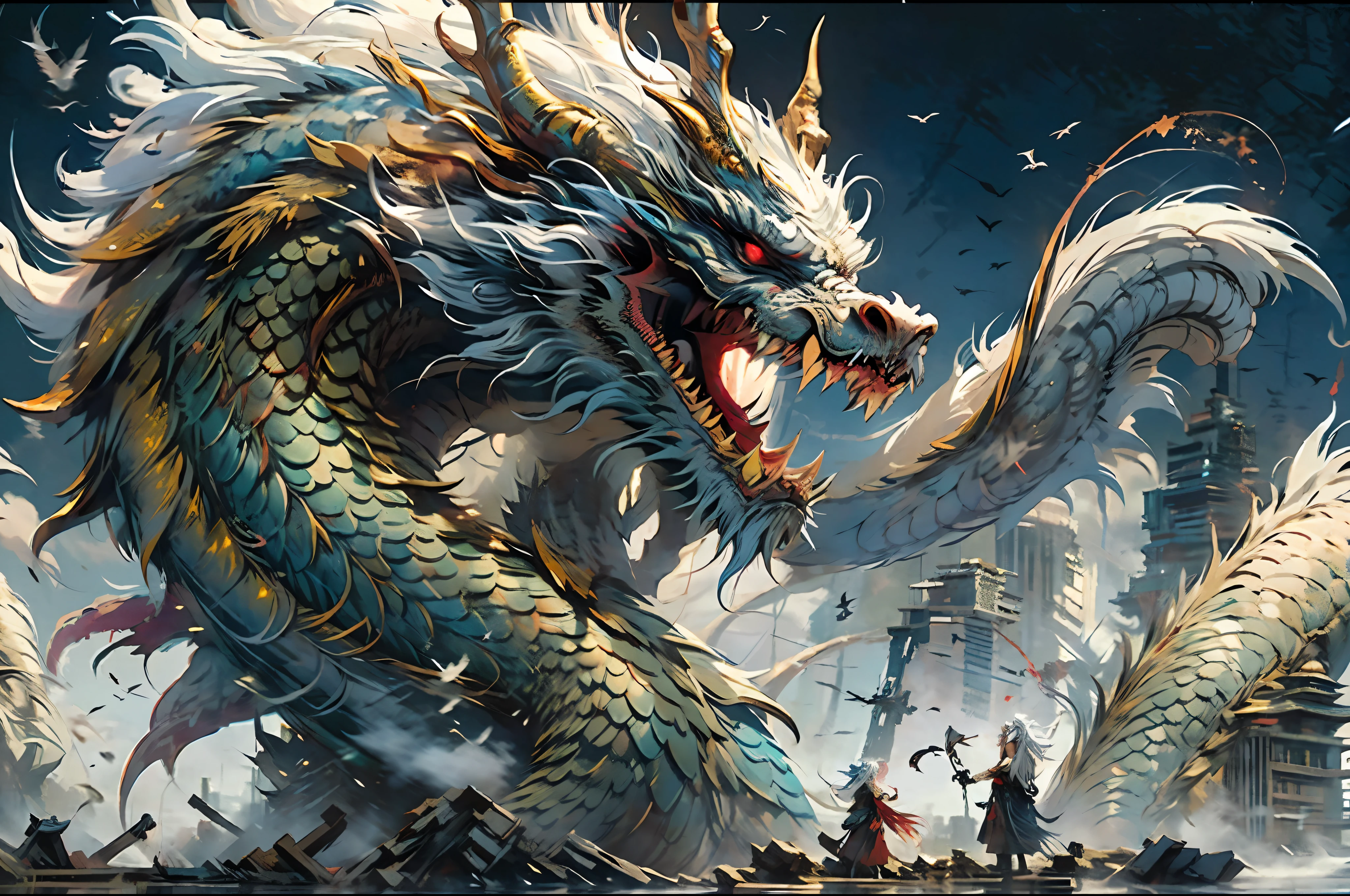 Best quality,masterpiece,ultra high res,nu no humans, (long:1.2),long hair, sharp teeth, red eyes, teeth, giant, 1girl, bird, outdoors, standing, scales, cloud, horns, from behind, armor, sky, open mouth, monster, size difference, white hair, building