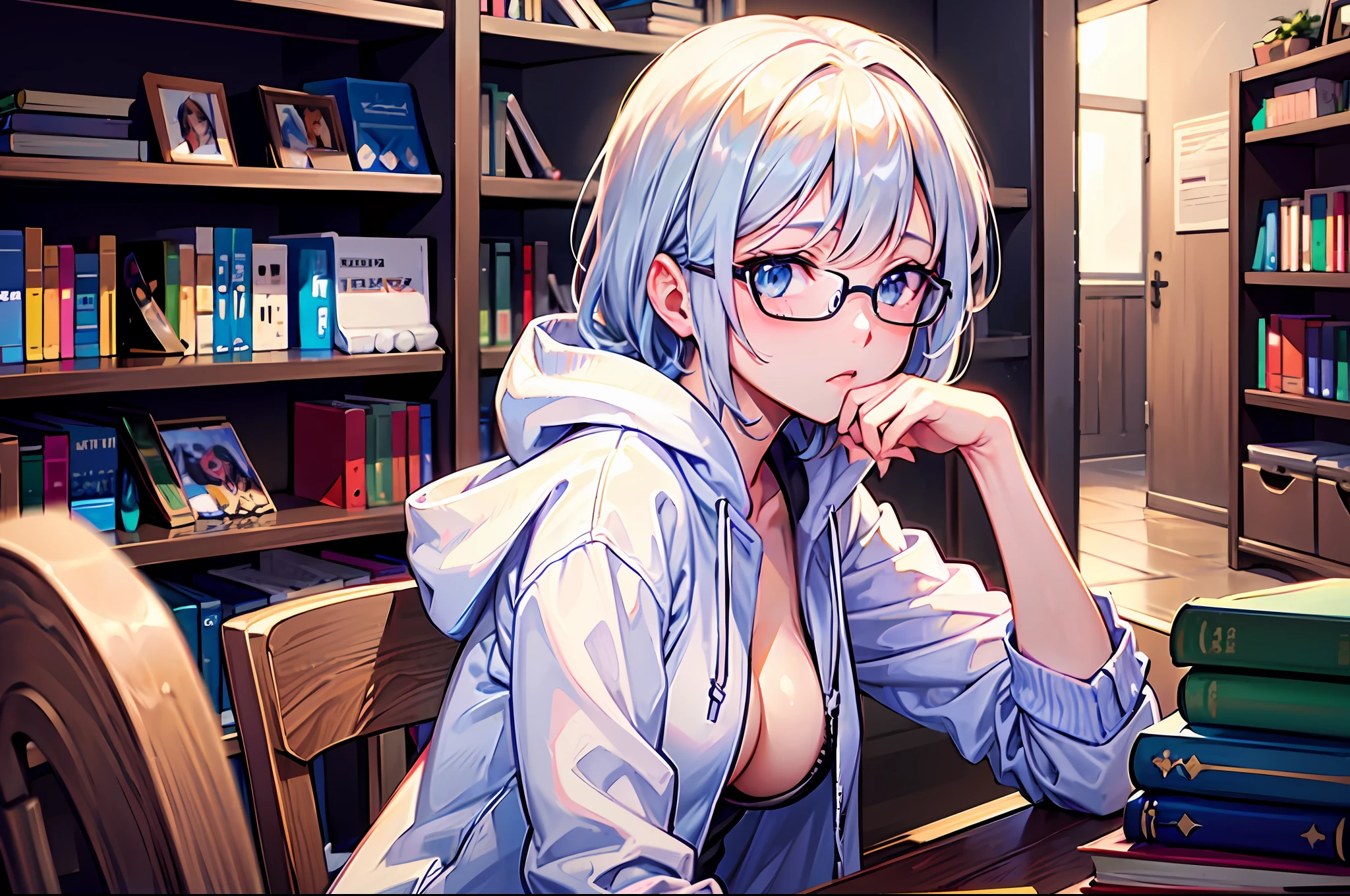 sagiri, a college girl with glasses sitting on the chaird, white dyed hair, white hoodie, b cup boobs, tired, library, books, alone, upper body shot, best masterpiece, best quality, lofi portrait, digital anime illustration, detailed digital anime art, anime portrait, anime moe artstyle, realistic anime art style, anime realism style, semirealistic anime style, anime character portrait, high quality anime artstyle