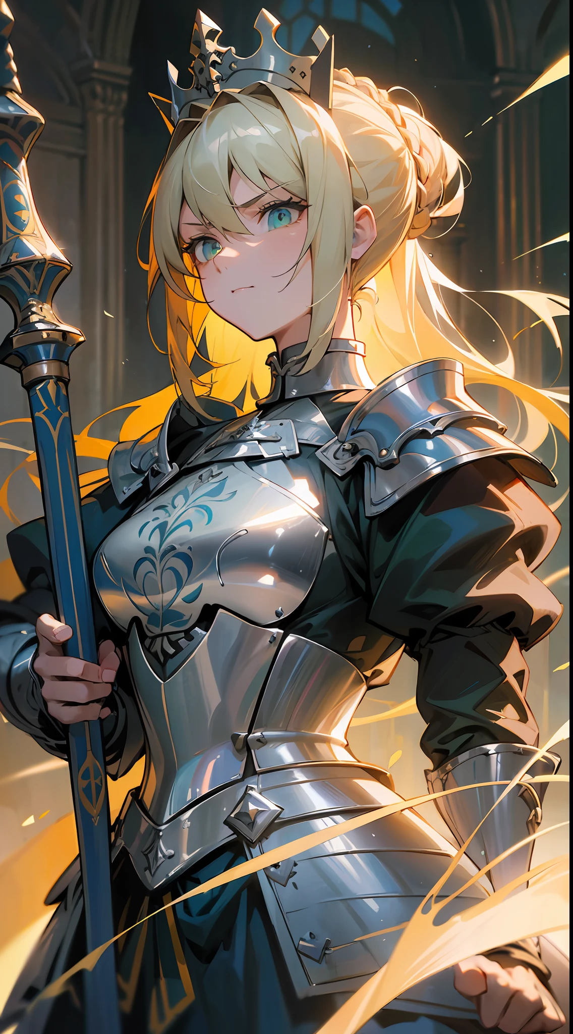 ((Best quality, 8K, Masterpiece: 1.4)),((Amazing detail: 1.3)),((illustration, Hairstyle Casual: 1.2)),((High resolution: 1.1)), 1girl, Artoria Pendragon, silver armor, green eyes, flag, holding flag, medieval, Victorian, divine, saber(Fate/Grand Order), chignon, golden hair, Combat posture, soft light, cinematic lighting, chiaroscuro, angry, amazing painting art,