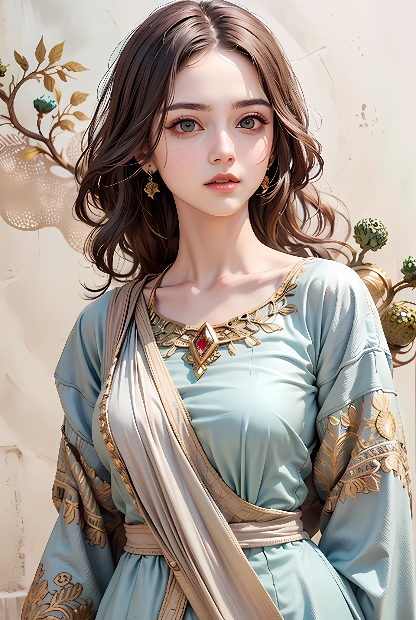 arafed woman in a blue dress with a gold belt and earrings, palace ， a girl in hanfu, a beautiful fantasy empress, ((a beautiful fantasy empress)), beautiful and elegant elf queen, very beautiful elven top model, elegant ancient greek dress, beautiful goddess, fantasy style clothing, beautiful maiden, inspired by Lan Ying, beautiful elf with ornate robes