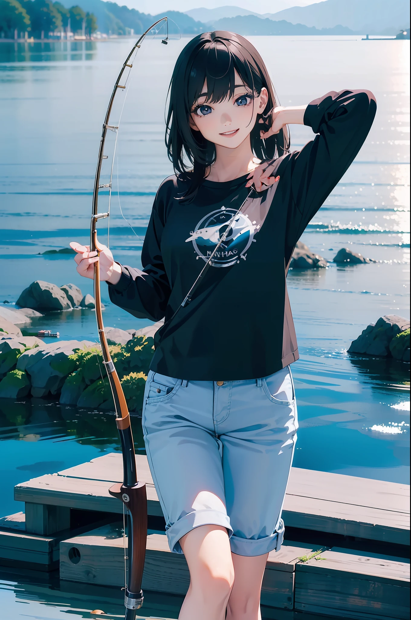 (((have a fishing rod by the lakeside:1.1))),((Best quality, Masterpiece :1.3)),1 japanese mature female,black hair, longeyelashes, solid circle eyes, light smile, drop shadow, atmospheric perspective, 8k, super detail, ccurate, best quality, middle breasts,black jacket, Black T-shirt ,navy blue jeans,