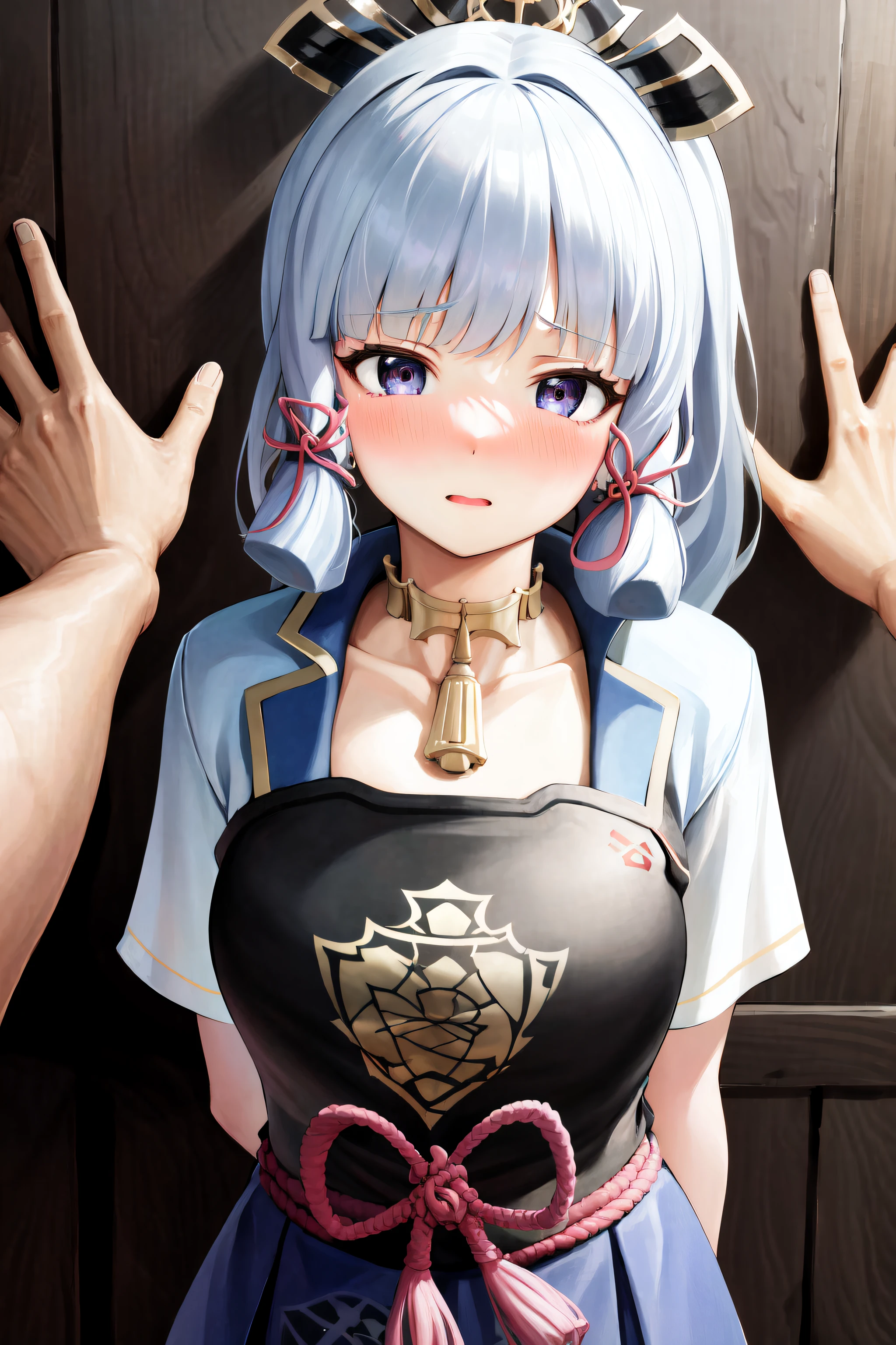 masterpiece, best quality, highres, 1girl, kamisato ayaka, shy, blush, arm behind back, kabedon, pov