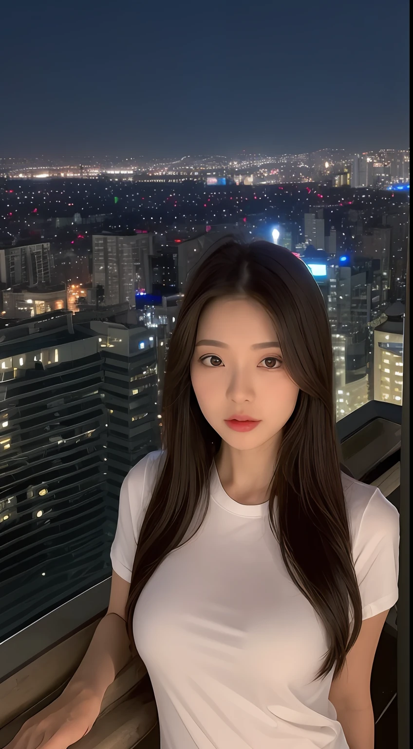 ((Midnight, Best quality, 8k, Masterpiece :1.3)), Whole body, Long legs, Sharp focus :1.2, A pretty woman with perfect figure :1.4, Slender abs :1.1, ((Dark brown hair, Big breasts :1.2)), (White tight tshirt, Jean bib, Standing:1.2), ((Night city view, Rooftop:1.3)), Highly detailed face and skin texture, Detailed eyes, Double eyelid