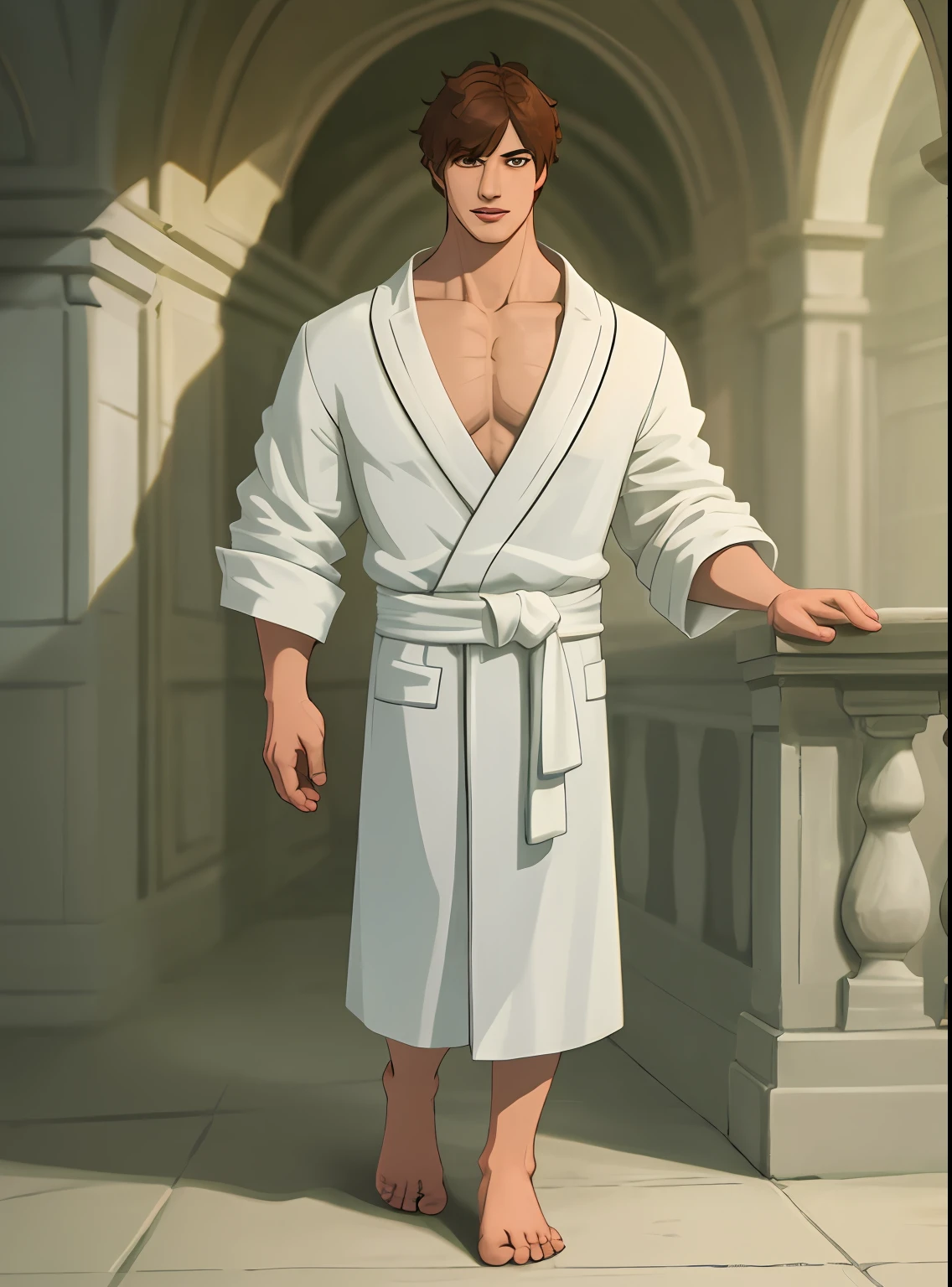 Bathrobe, white, muromec, solo, short hair, brown hair, shirt, 1boy, standing, full body, white shirt, male focus, best shadow, volumetric lighting, chromatic aberration, (beautiful detailed face, beautiful detailed eyes), High contrast, (best illumination, extremely delicate and beautiful)