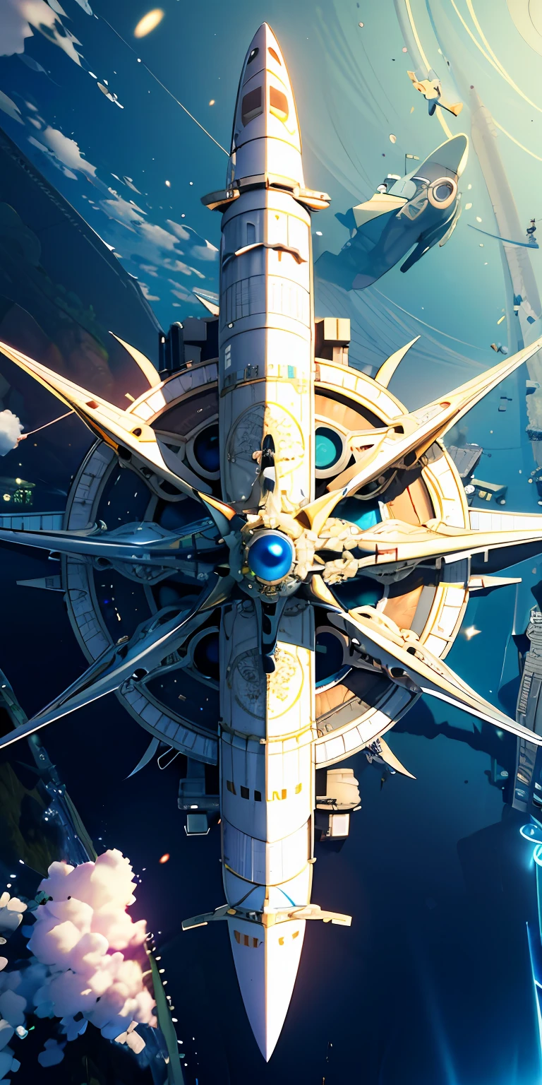 A spaceship flies over a city，The background is a large ship, cinematic architectural scale, 3 d render beeple, detailed futuristic architecture, solarpunk futuristic utopia, 4k solarpunk wallpaper, futuristic space port, cinematic beeple, andrei riabovitchev symmetrical, style hybrid mix of beeple, arstation and beeple highly, CG art，Dark on the left and light on the right