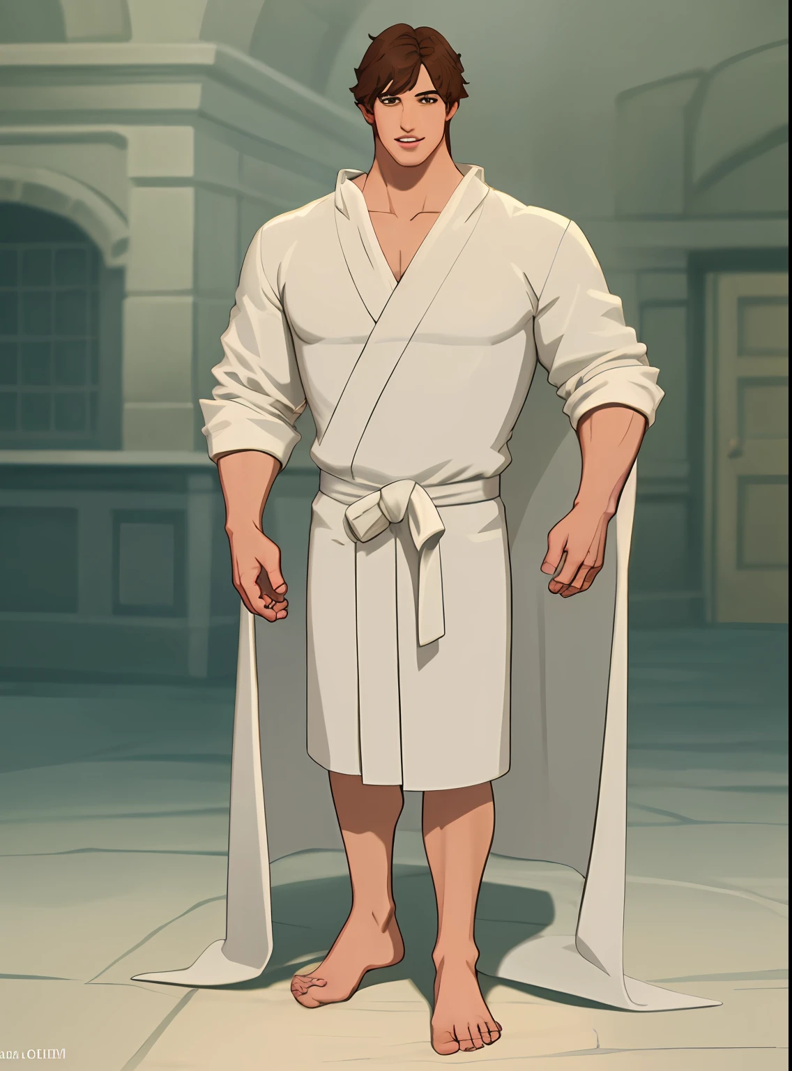 Bathrobe, white, muromec, solo, short hair, brown hair, shirt, 1boy, standing, full body, white shirt, male focus, best shadow, volumetric lighting, chromatic aberration, (beautiful detailed face, beautiful detailed eyes), High contrast, (best illumination, extremely delicate and beautiful)