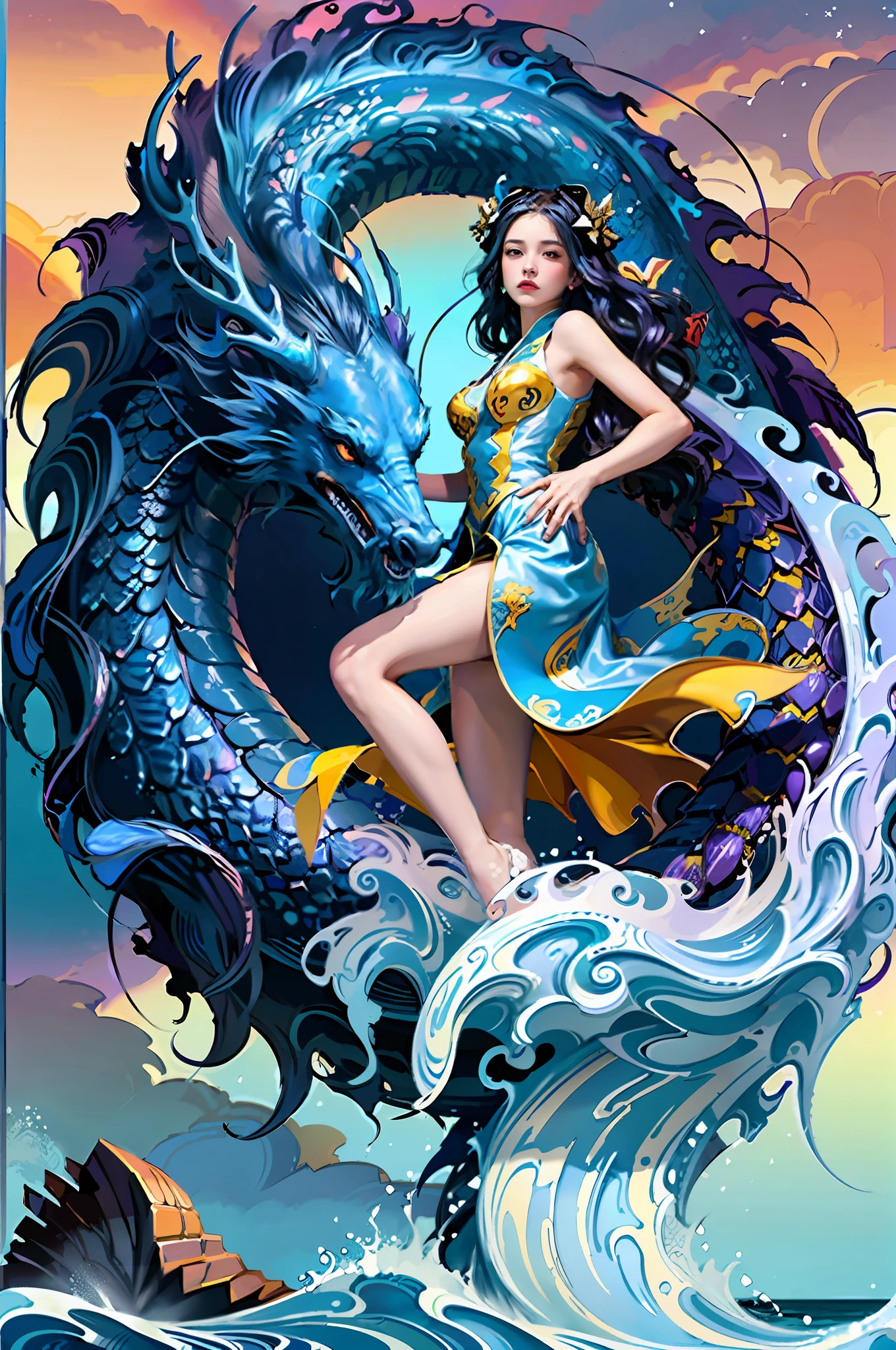 (Masterpiece, Top Quality, 4K, Best Quality, Girl, Long Hair, (Glow: 1.15), (Team: 1.1), (Flowers: 1.15), (Monarch: 1.05), Long Coat, Surrounded by Giant Chinese Dragon, light_blue_hair, Liquid Hair, Long Hair, Floating Hair, Standing, Sun Dress, Liquid Clothes, Water, Waves, Tsunami, Tides, Sea, Water Dress, Fantasy, High Contrast, Explosion, Overexposure, Purple and Red Tone Impression, Negative Space,