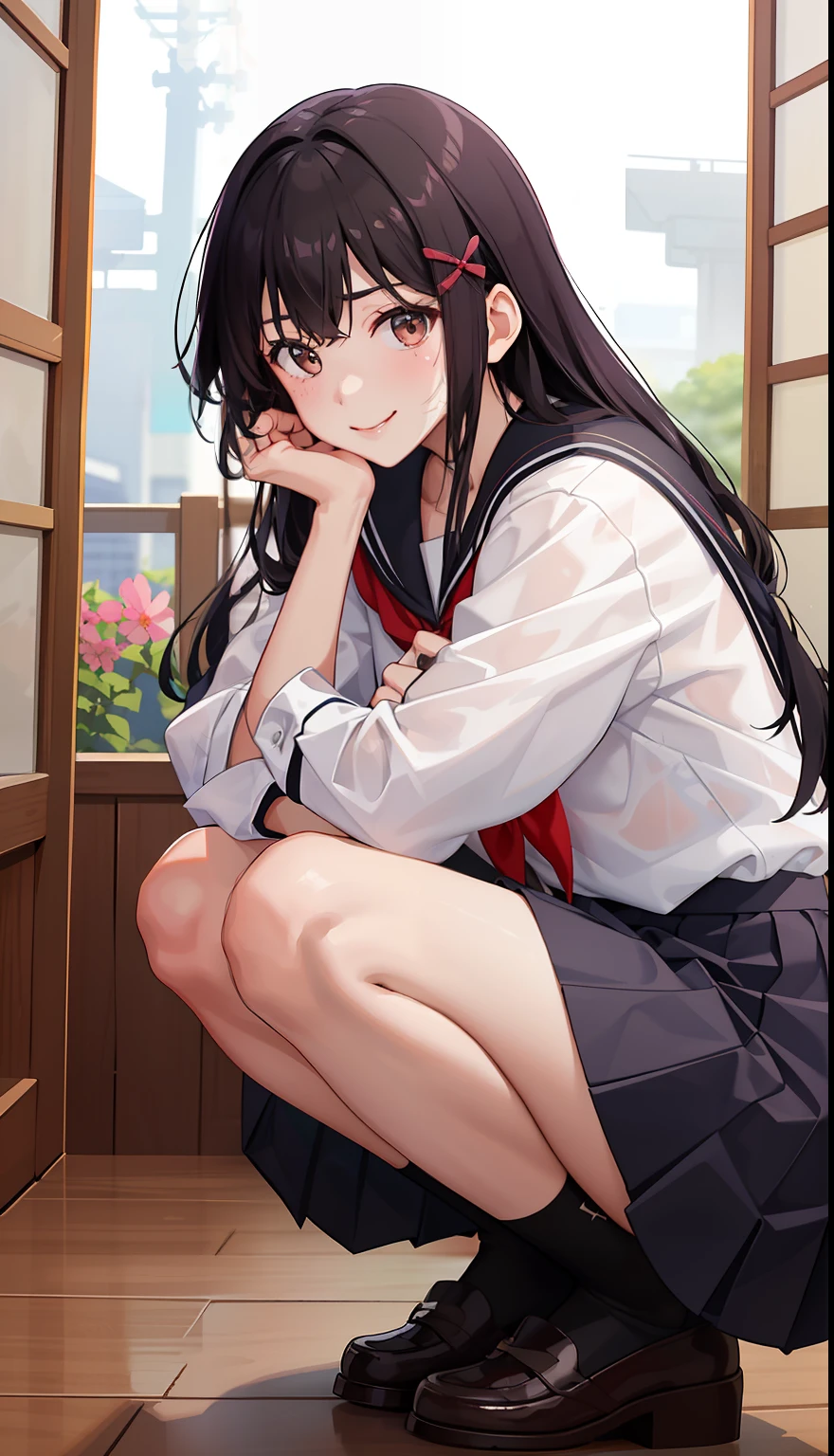 1girl in、A smile、The shirt、skirt by the、(small tits)Chilarism、Japan High School Student Uniform、serafuku、summer clothing、Squall Drenched Uniform、(Sheer Bra)、Upper body portrait、light cream hair、Squatting panchira、