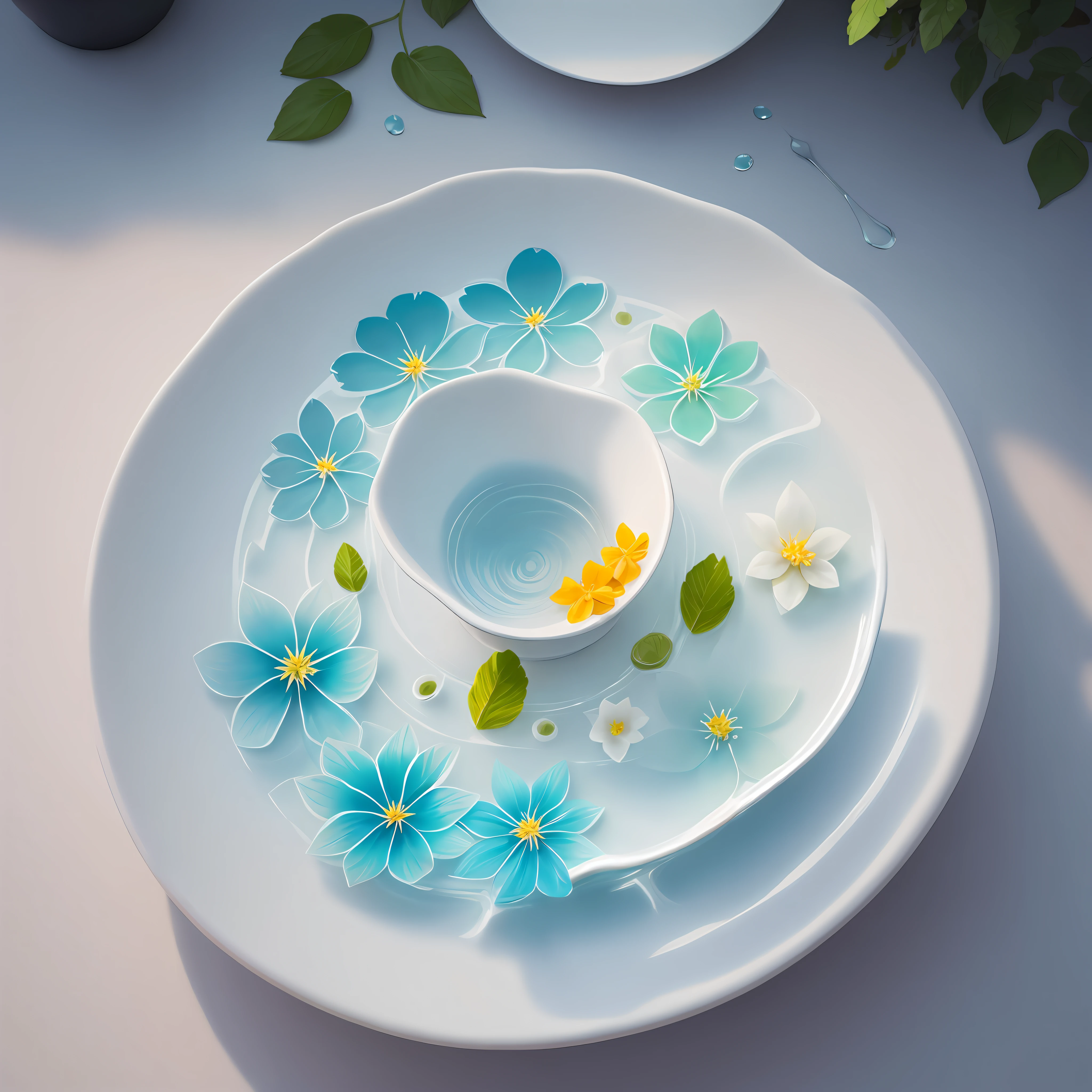 top view,different shapes of items like fountains and herbs and flowers,food and nature,fruits,wonderful items art,simple,style water painting acrylic, detailed style,vibrant gradient colors,masterpiece,white background,beautiful