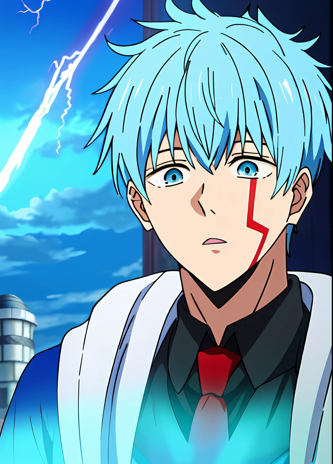 mashle, ken kaneki, blue hair, face mark thunder, middle part hair