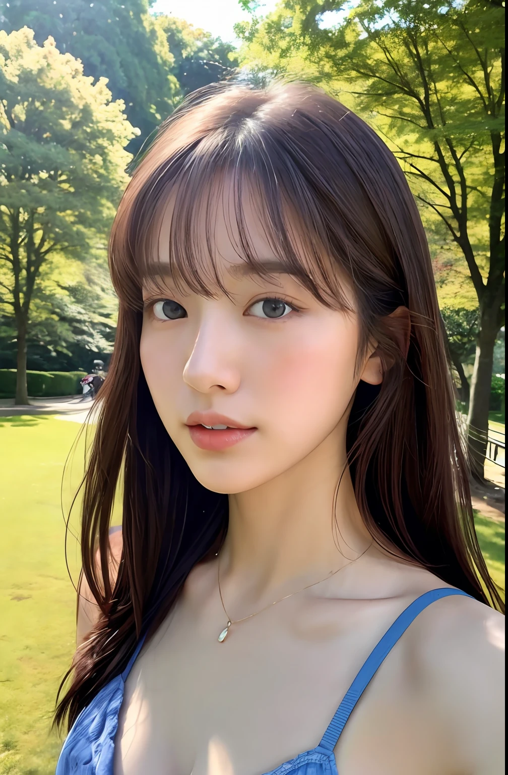 Close up portrait of a woman strolling in the park、Japan Person Model、Young Sensual Gravure Idol、Young cute gravure idol、Realistic Young Gravure Idol、Realistic sensual gravure idol、Young gravure idols、sophisticated gravure idol、奈良美智、Young skinny gravure idol、beautifull asian girl ever、oppai、no-bra、Panties