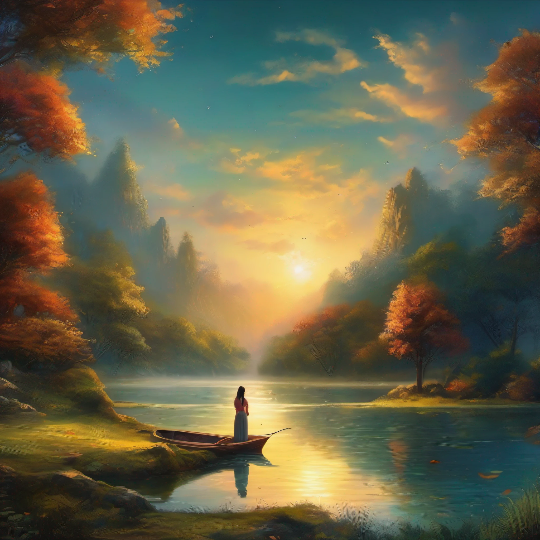 (melhor qualidade, obra-prima) A beira de um lago tranquilo, surrounded by majestic trees, uma mulher pescando, em um estilo de pintura digital exuberante e encantador.