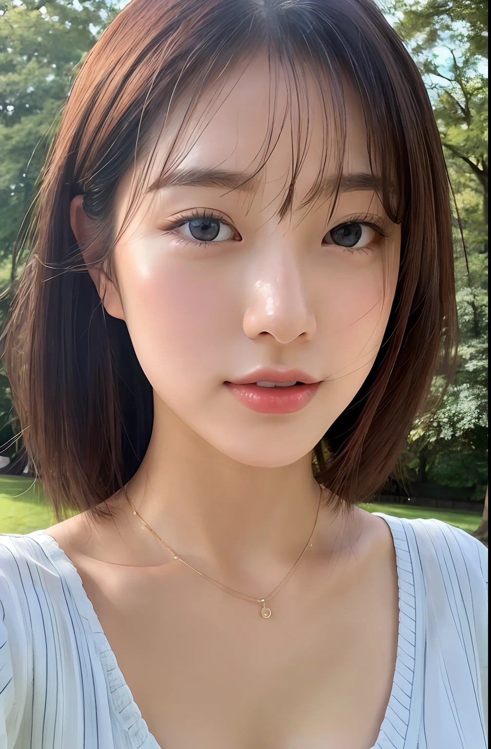 Close up portrait of a woman strolling in the park、Japan Person Model、Young Sensual Gravure Idol、Young cute gravure idol、Realistic Young Gravure Idol、Realistic sensual gravure idol、Young gravure idols、sophisticated gravure idol、奈良美智、Young skinny gravure idol、beautifull asian girl ever、oppai、no-bra、Panties