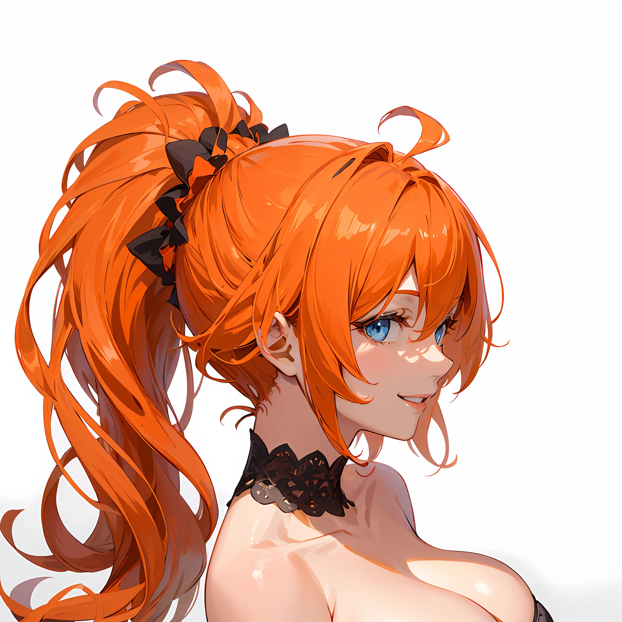 (masterpiece, best quality), 1 mature female, ((completely )), cleavage, (light orange hair, ponytail), sharp light blue eyes, detailed face, smile, standing, (large breast), seductive smile, arms down, charming face, (40 year old face), (white background)