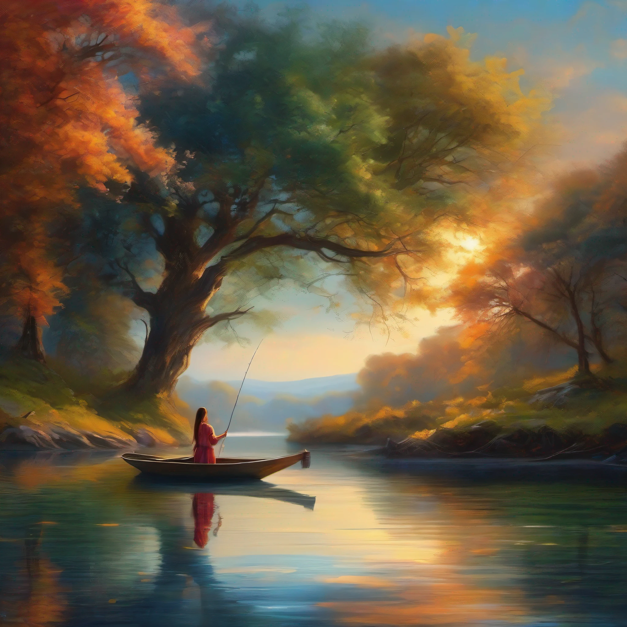 (melhor qualidade, obra-prima) A beira de um lago tranquilo, surrounded by majestic trees, uma mulher pescando, em um estilo de pintura digital exuberante e encantador.