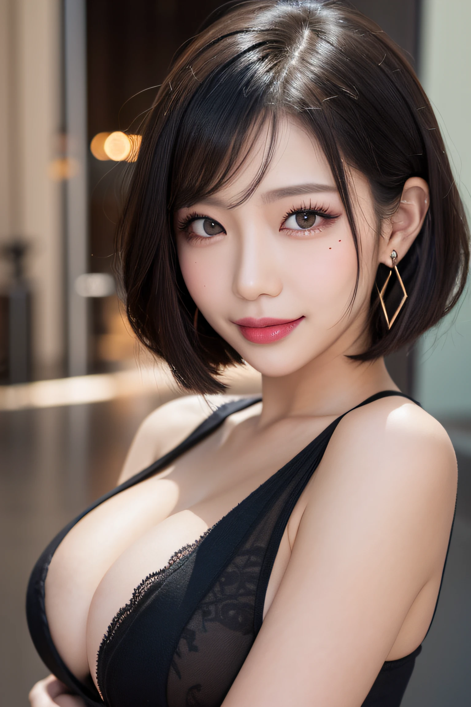 black hair, hair bobbles, longeyelashes, solid circle eyes, light smile, mole under eye, heart earrings, light smile, shy, puckered lips, Surrealism, drop shadow, stereogram, pov, atmospheric perspective, depth of field, first-person view, f/1.8, 8k, super detail, ccurate, best quality, highres, best quality,short cut hair, (beautiful detailed makeup), (sexually aroused blushing heavy breathing:1.0), (soft glow bloom:0.5),mole under eye:1.4,upper body,smile:1.2,Big breasts :1.2,fold your arms behind head