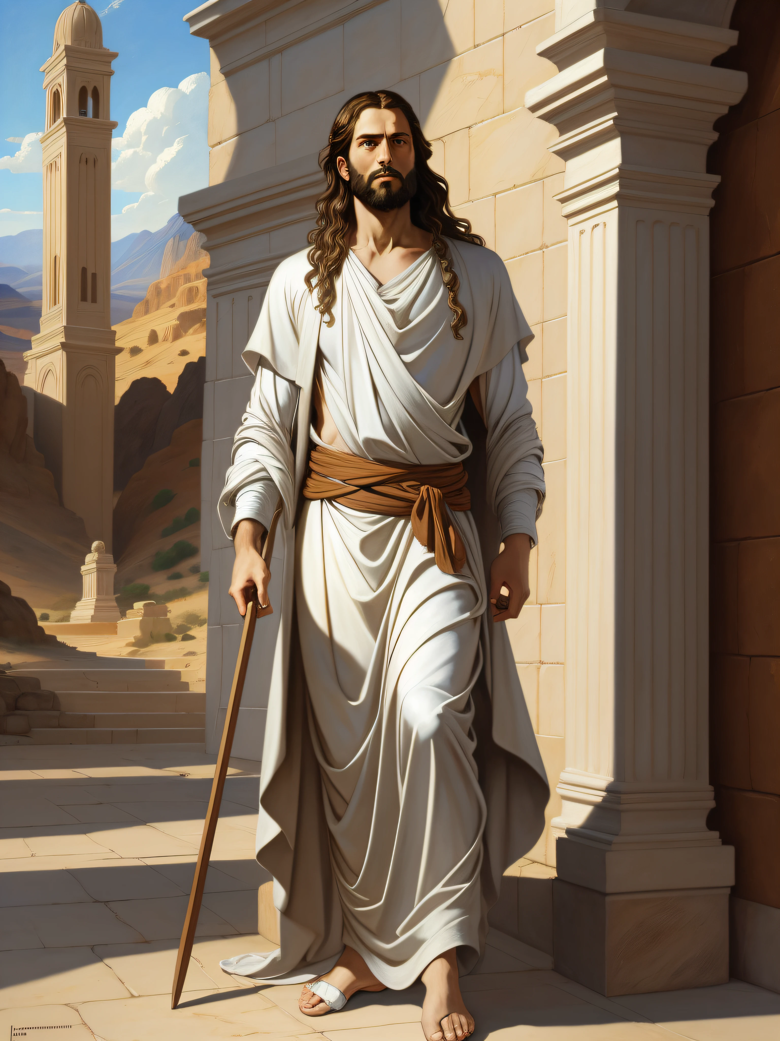 A beautiful ultra-thin realistic portrait of Jesus, the prophet, a 33-year-old Hebrew man, long brown hair, long brown beard, wearing white tunic, in front view, full body, biblical, realistic, in the desert intricate details, by Abbott Fuller Graves, Bartolome Esteban Murillo, J.C. Leyendecker, Craig Mullins, Peter Paul Rubens, (Caravaggio), Trend in Artstation, 8K, Concept Art, PhotoRealistic, Realistic, Illustration, Oil Painting, Surrealism, HyperRealistic, brush brushes, Digital art, style, watercolor