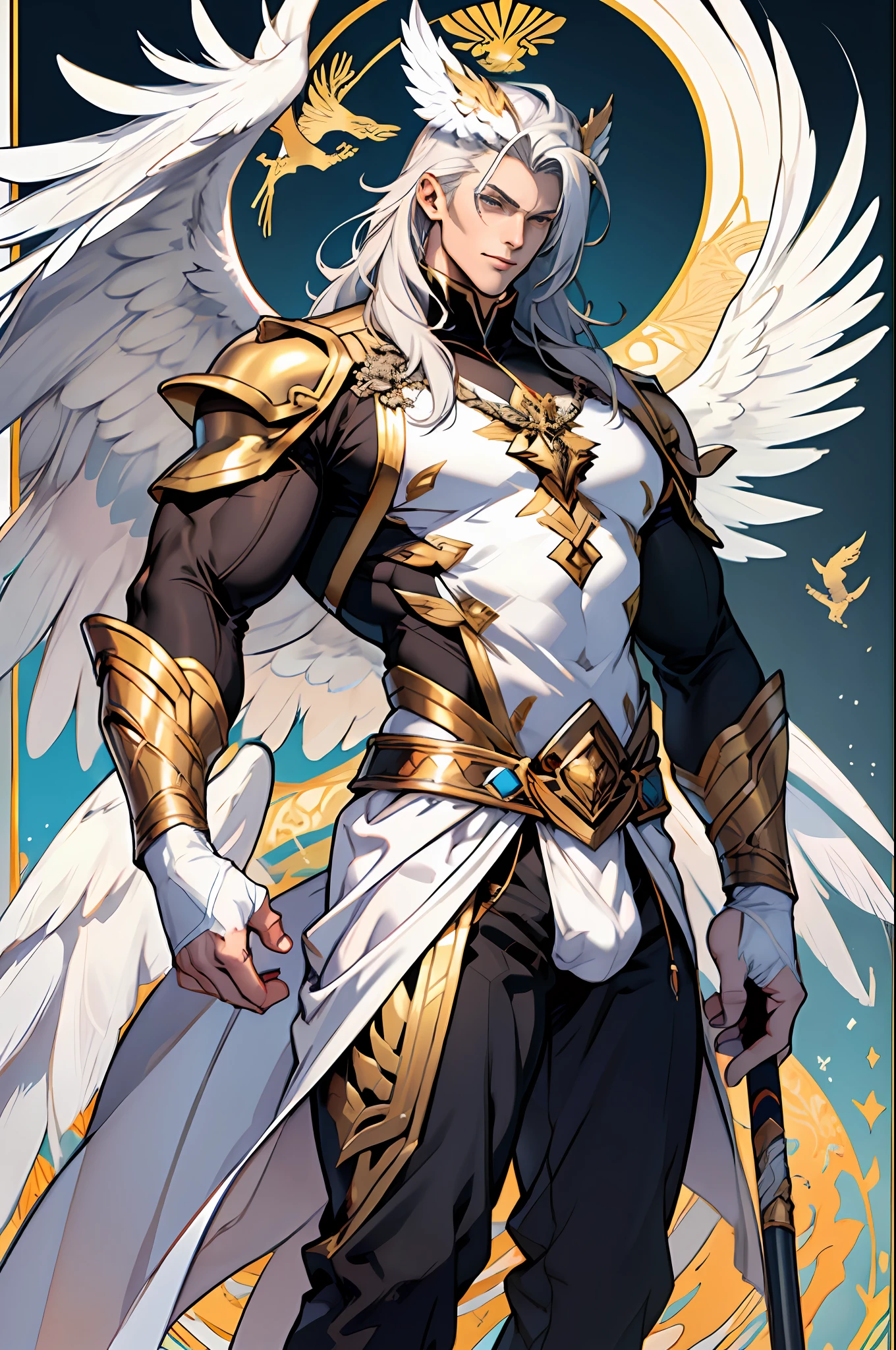 Caius is a handsome male, stands at 7ft tall. He has an athletic body structure. He wears royal attire thats silver and gold. He has beautiful white silky hair and an golden color. He is seen with a staff. He has huge white wings. A big bulge in his pants. White Phoenix human form