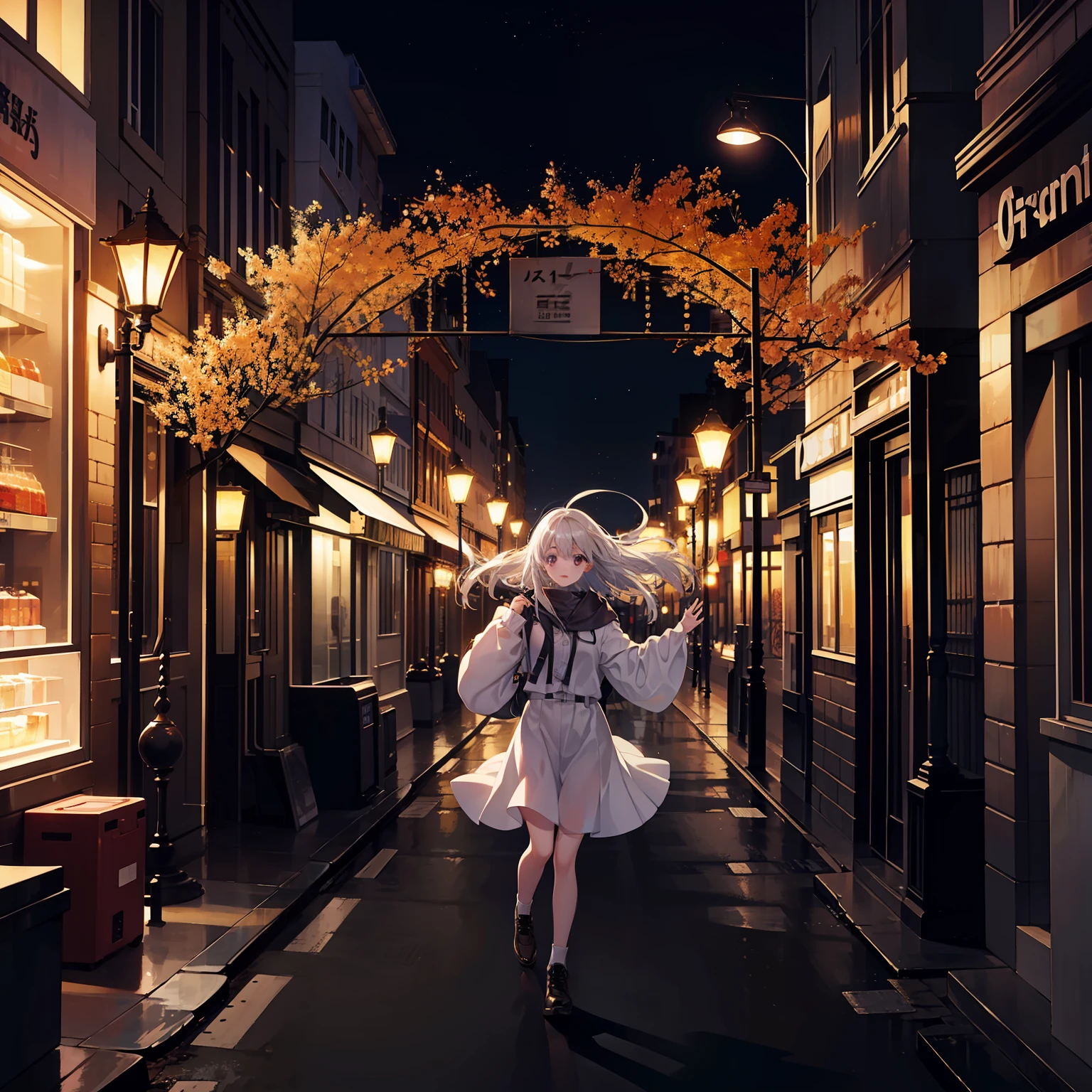 Translucent white girl flies in the sky、On the streets of the bustling city、There are many lights that make the background blurry and brighter, No humans, City lights, city, Night, Scenery, A light, Cityscape, Blurry