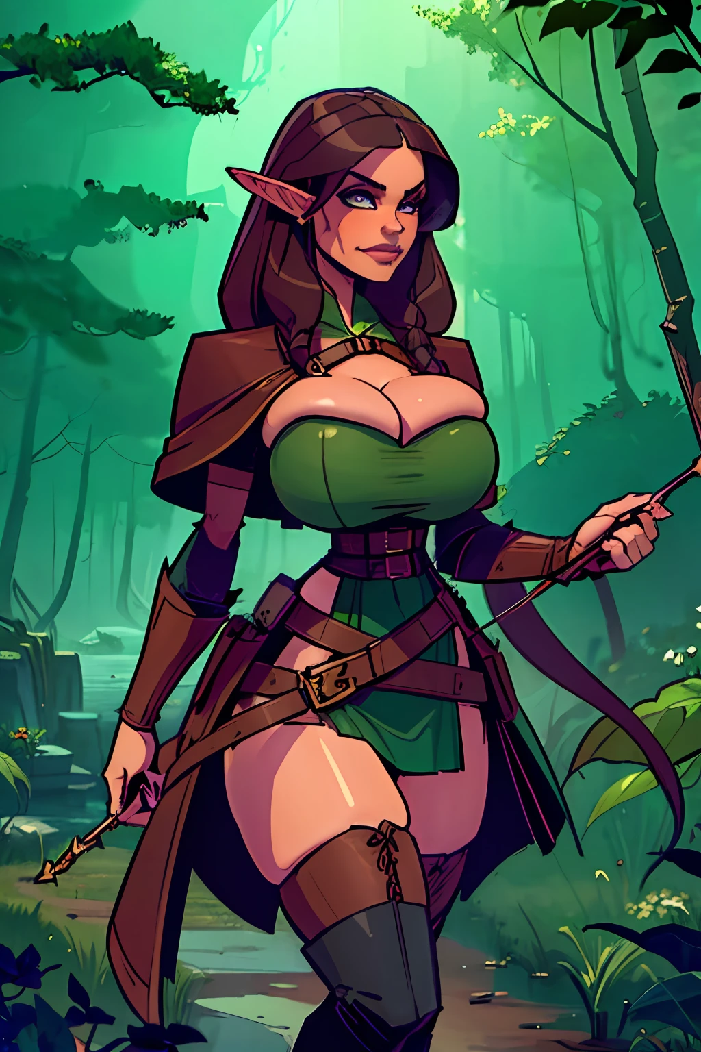 (masterpiece, top quality, best quality, official art, beautiful and aesthetic:1.2), (1girl:1.3), dark brown hair in a single braid, extremely detailed, portrait, looking at viewer, solo, (full body:0.6), detailed background, close up, cat eyes, (warm summer forest theme:1.1), elf ranger, charlatan, smirk, mysterious, walking in forest, revealing ranger attire, brown leather, cowl, cloak, corset, long boots, buckles, straps, pouches, bow and arrow, green fabric, brown leather, gigantic breasts, slim waist, slim hips, long legs, medieval (forest exterior:1.1) background, dark mysterious lighting, shadows, magical atmosphere, dutch angle, (((balsamique)))