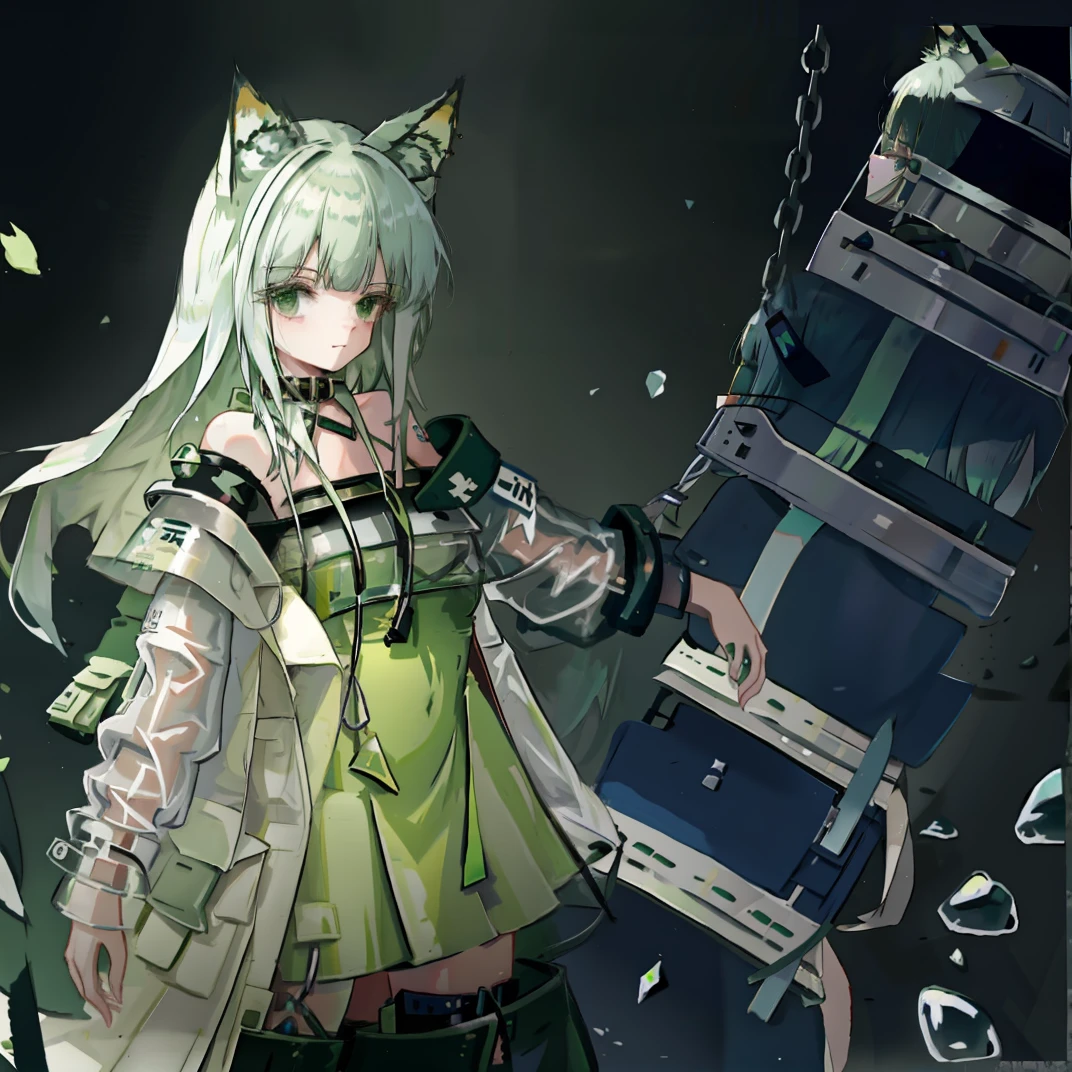 1girl, animal_ears, kal'tsit_\(arknights\), collar, solo, green_eyes, bare_shoulders, silver_hair, looking_at_viewer, green_dress, dress,  white_jacket, album covers, boots,