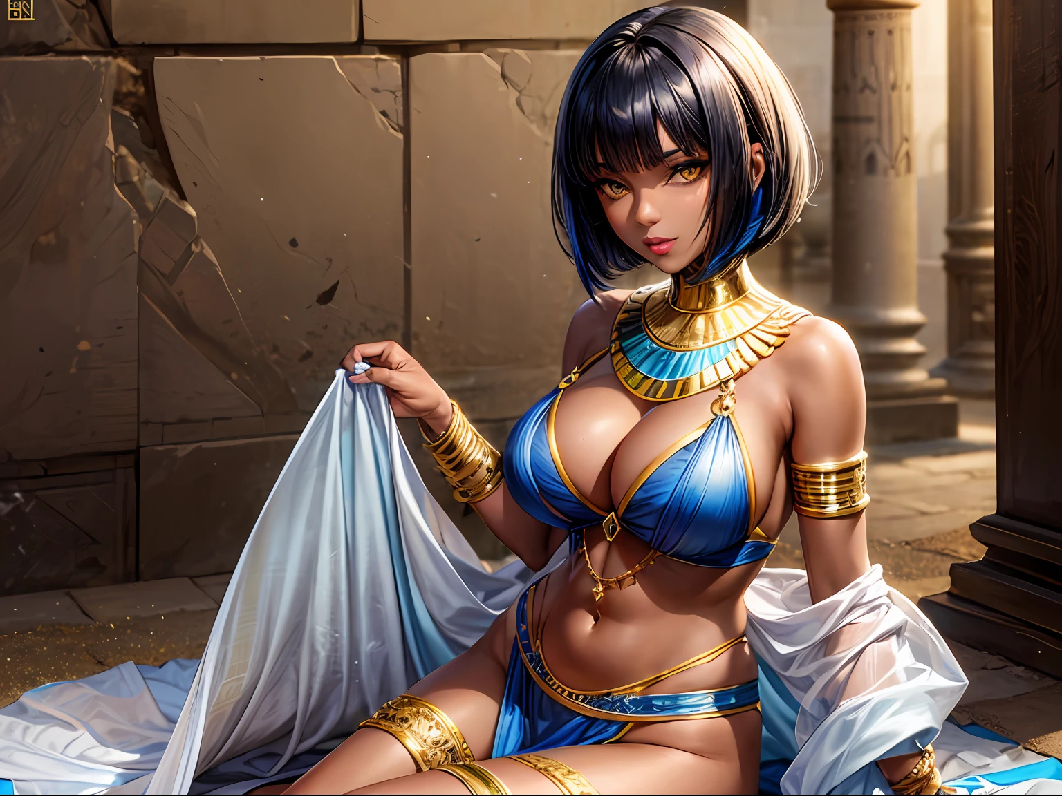 Mature female, dark skin, yellow eyes, bob cut, blue hair, lips, toned, Egyptian, Egypt clothes, sand, cleavage