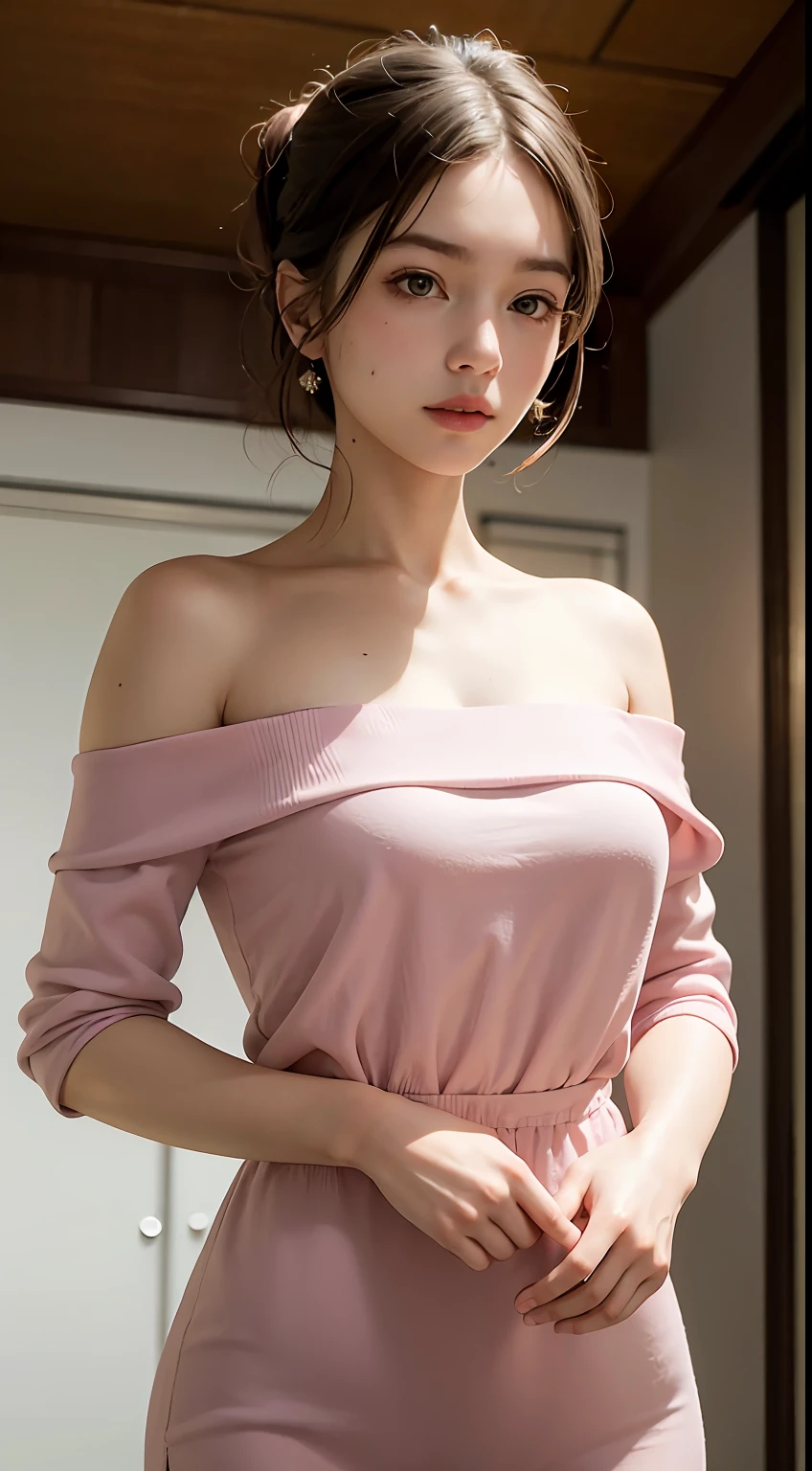 Best Quality, Masterpiece, Ultra High Resolution, (Realisticity: 1.4), Original Photo, 1girl, Pink Off-the-Shoulder, Cinematic Lighting