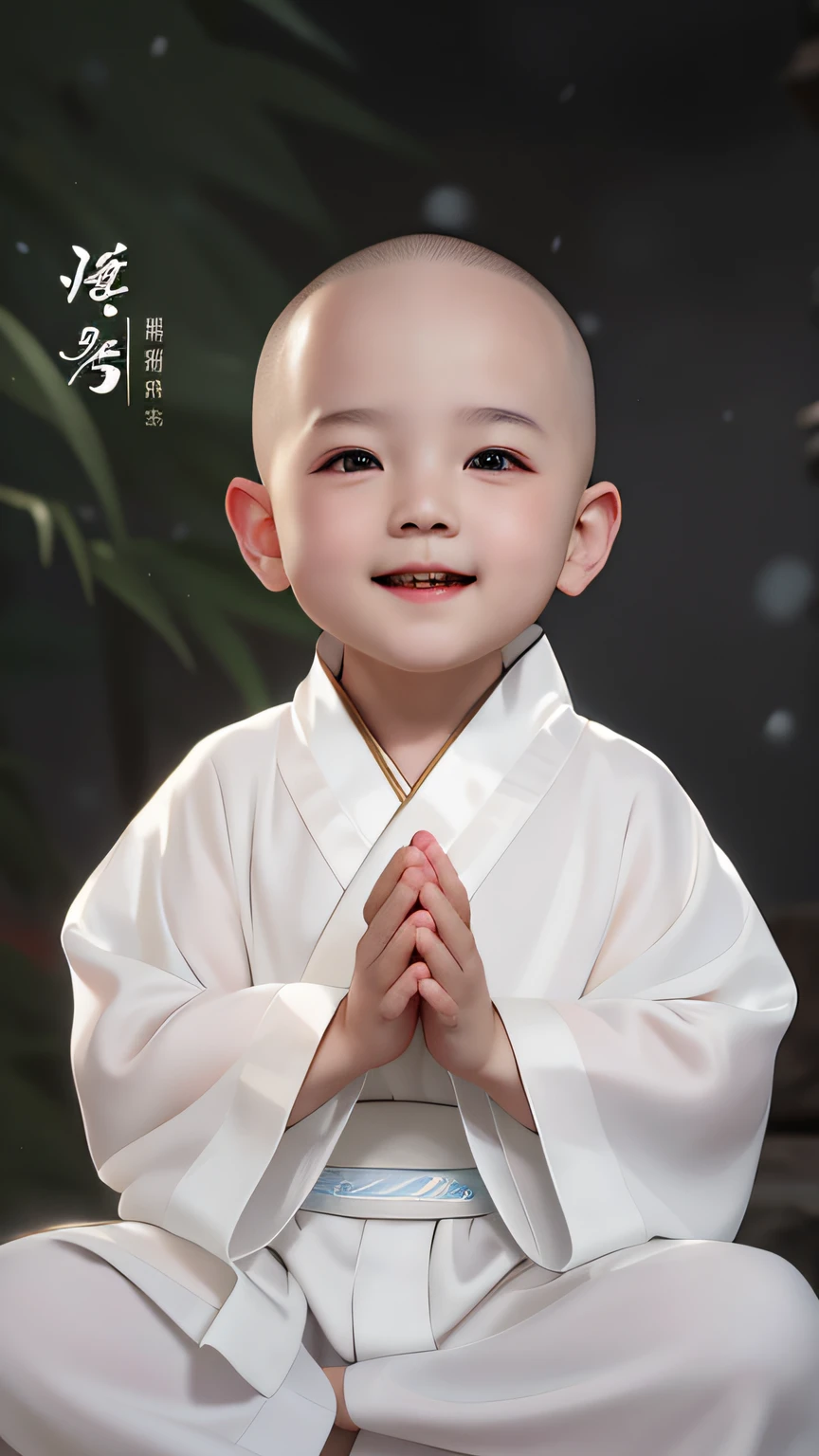 A white-robed Asian bald little monk sitting on a rock, young wan angel, lovely digital painting, yanjun cheng, ruan jia beautiful!, Yan, boy wearing nun outfit, he is greeting you warmly, wearing white robes with, wan adorable korean face, Cai Xukun, a serene smile, white daoist robes, wearing long white togas, Innocent smile