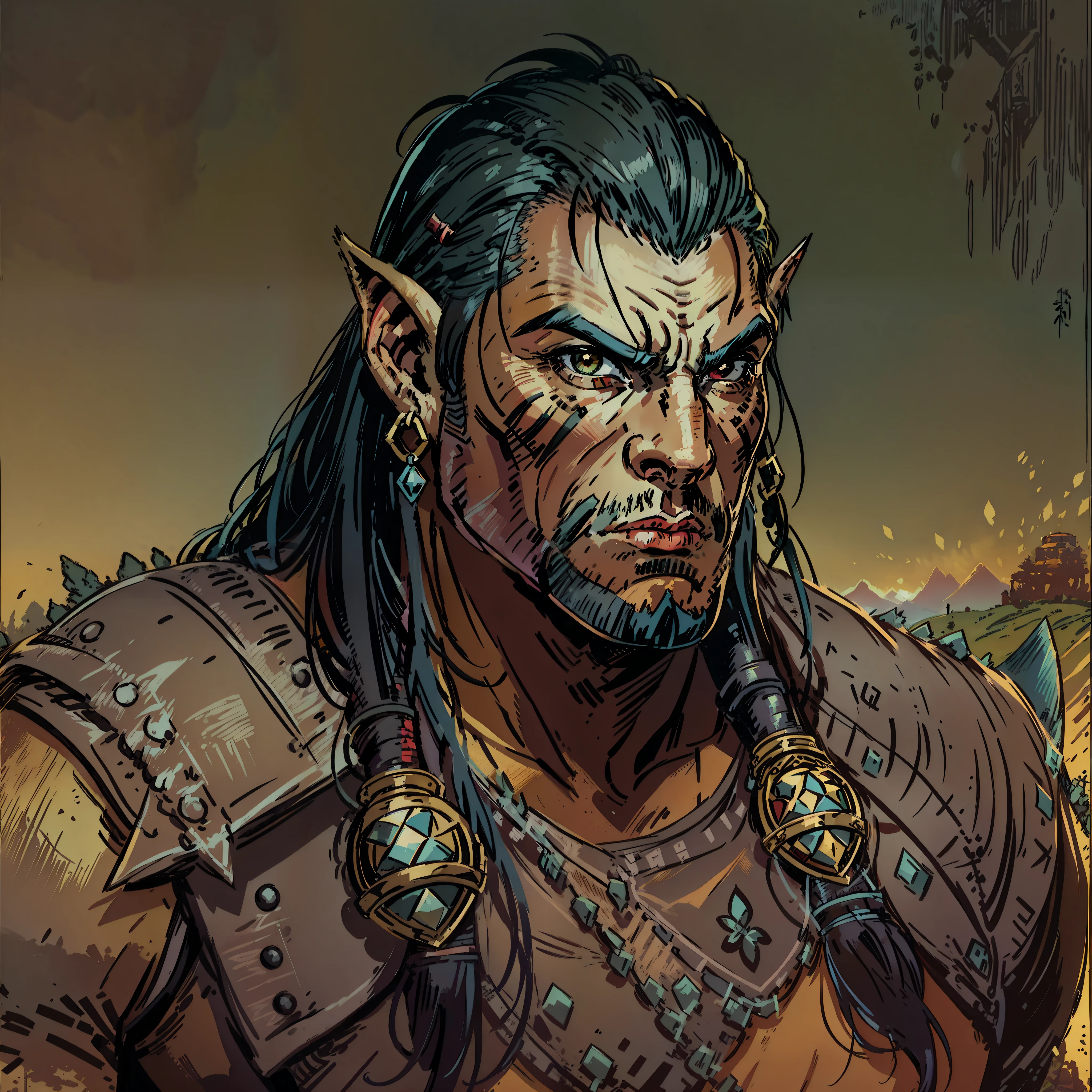 Dave batista look a like, half orc, warchief, Personagem de RPG, fantasia medieval, fechar retrato, desert