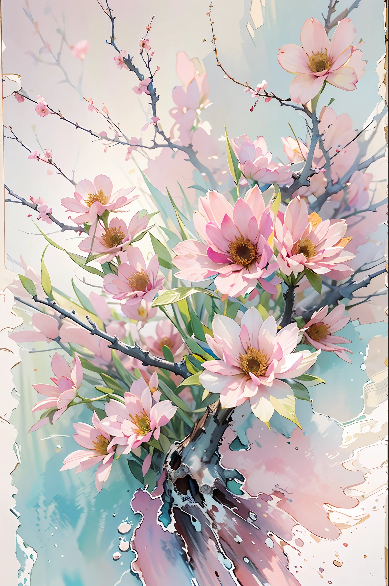 （RAW photos，best qualtiy），（realisticlying，photograph realistic：1.3），best qualtiy，highly  detailed，tmasterpiece，Hyper-detailing，illustratio，1girll，blossoms，Lixian flower，in the style of light pink and light azure，Dreamy romantic composition，pastel pink，ethereal foliage，playful arrangements，fanciful，hight contrast，Ink strokes，blasts，over exposure，Impression of purple and red tones，abstracted，（（Watercolor by John Berkey and Jeremy Man））Brush Strokes，negative space，