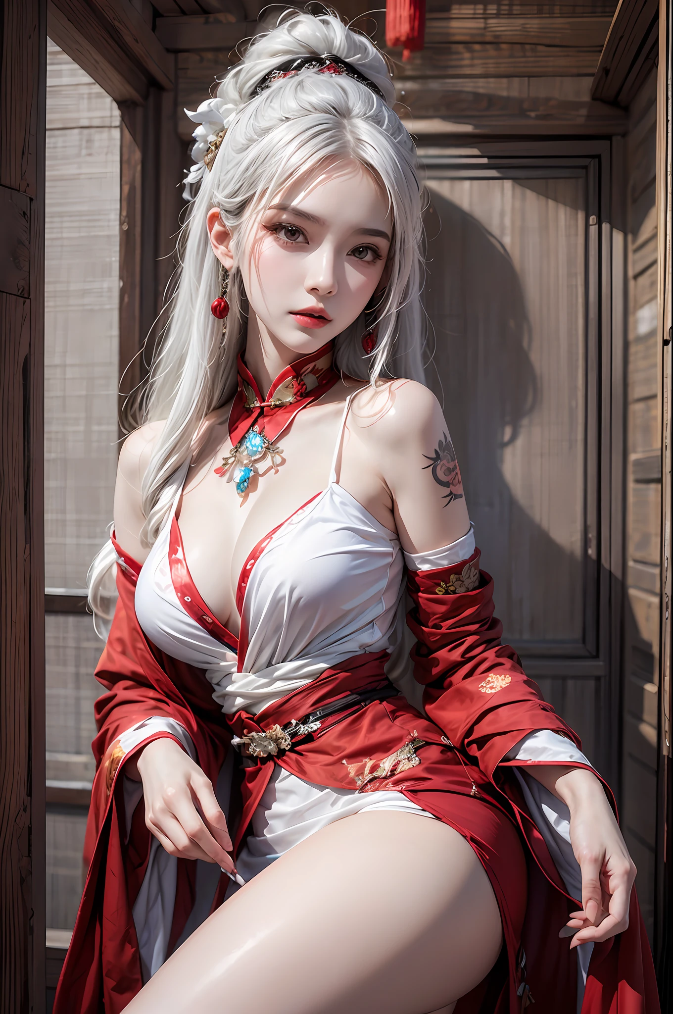 photorealistic, high resolution, 1women, solo, hips up, look at viewer, (detailed face), white hair, red wedding hanfu, full clothes, tattoo, chinese architectures, jewelry
