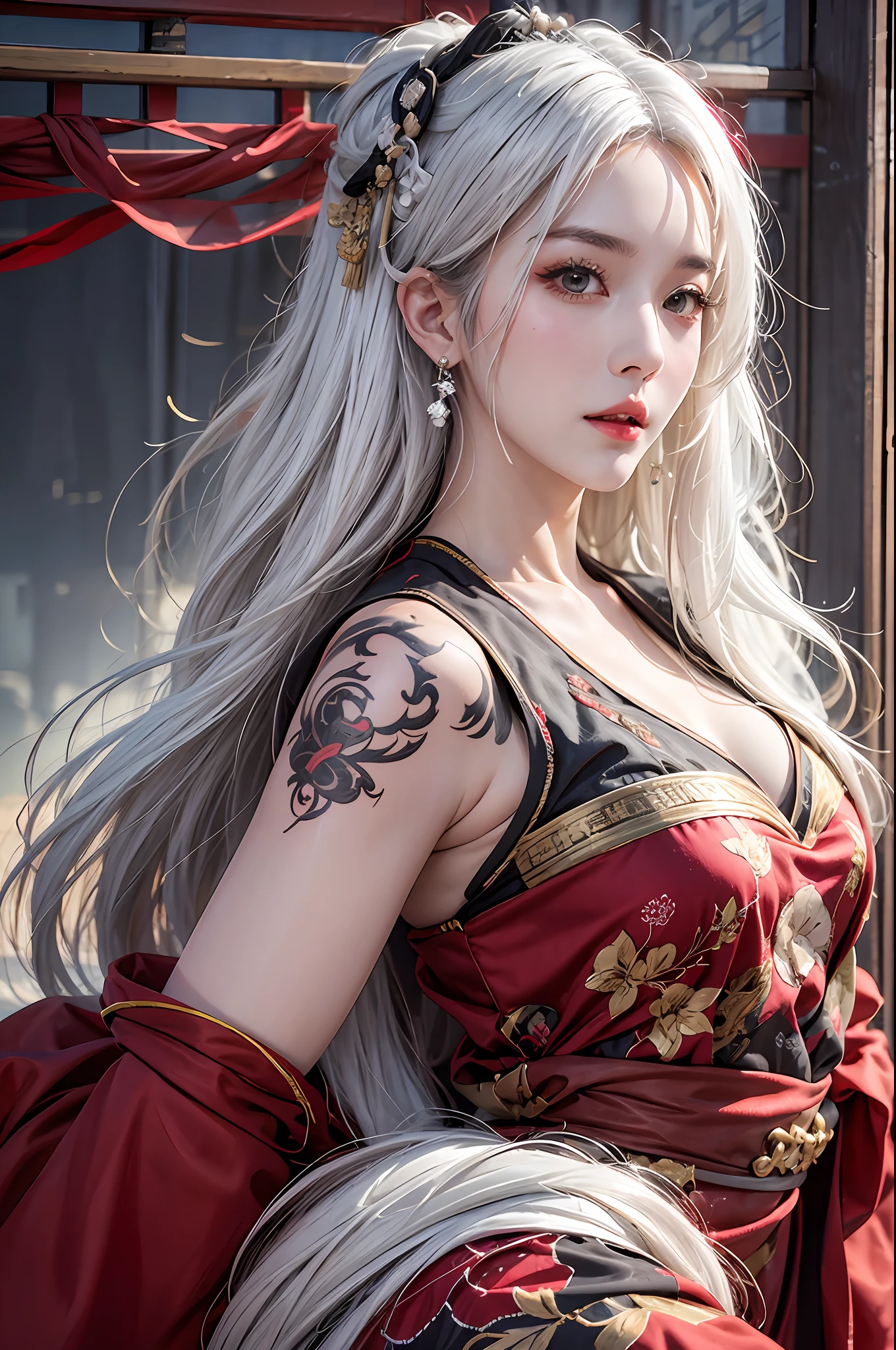 photorealistic, high resolution, 1women, solo, hips up, look at viewer, (detailed face), white hair, red wedding hanfu, full clothes, tattoo, chinese architectures, jewelry