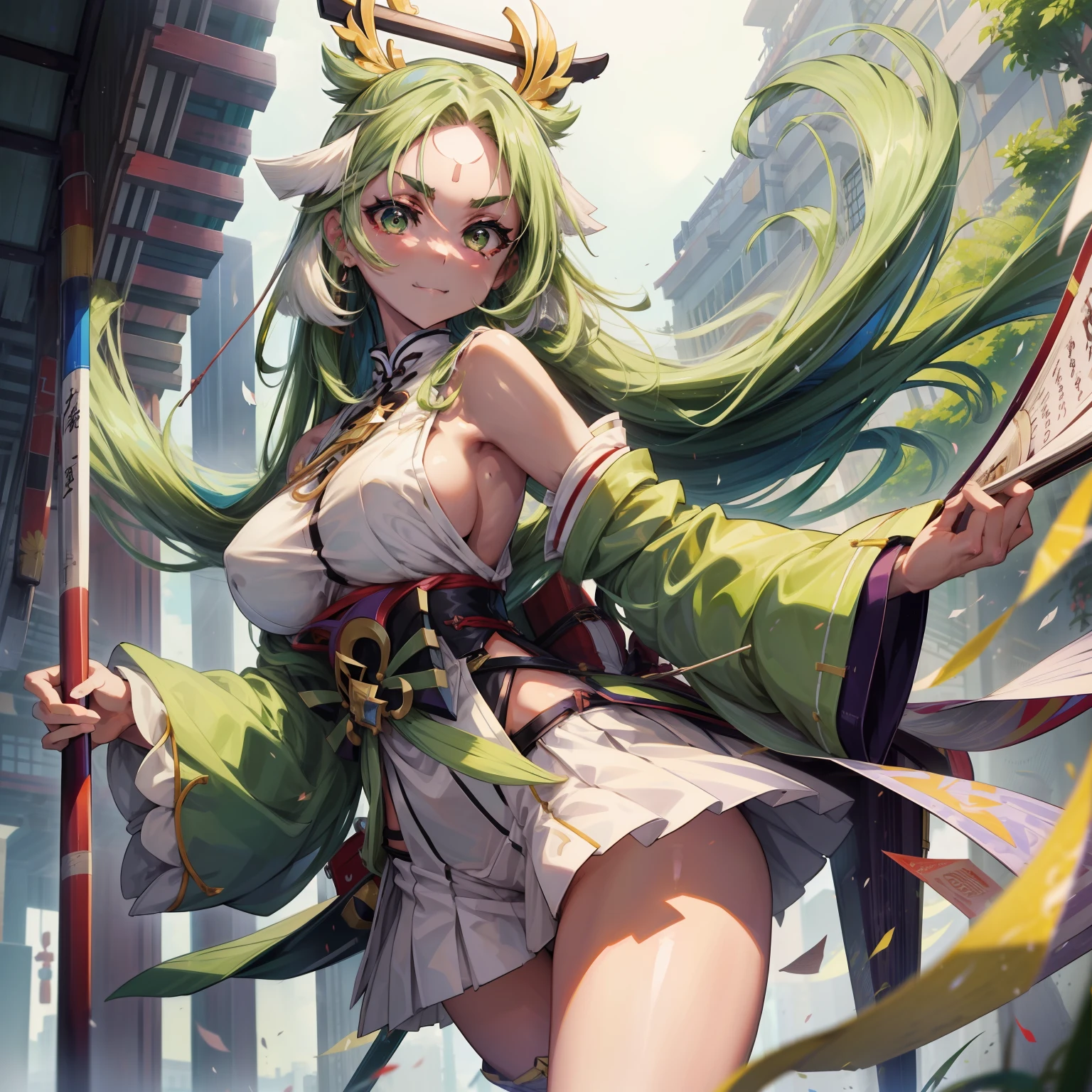 Beautiful girl in skimpy Japanese clothes。voluminous short skirt。White and green costume。Green hair。Thick eyebrows。A smile。Arms Exposed。voluminous long-haired。Bangs are divided into left and right to emphasize the forehead。muscular and tall。Holding a paper roll in your hand。Holding a long rod-shaped cane in your hand。Large breasts。Large square box on the back。Large box-shaped waist pouch at the back.。