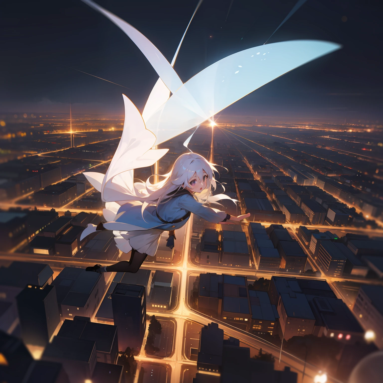 Translucent white girl flies in the sky、Girl in the air、On the streets of a bustling city、There are many lights that make the background blurry and brighter, No humans, City lights, city, Night, Scenery, A light, Cityscape, Blurry