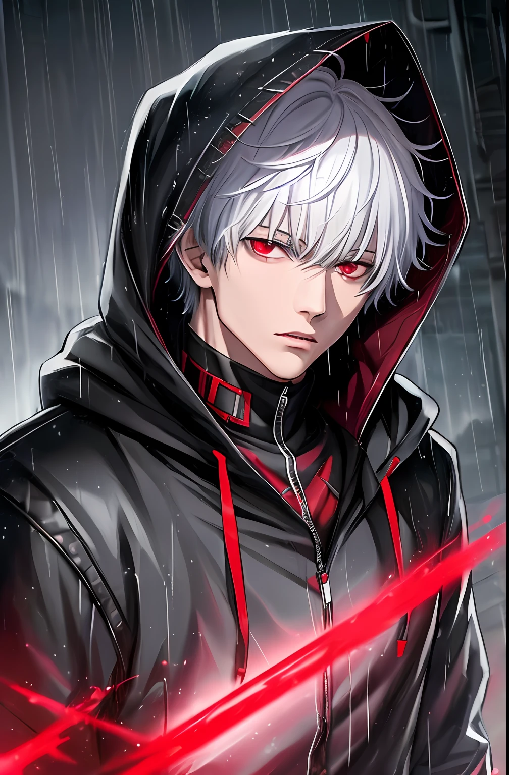 kk, best quality, more details, masterpiece, 1boy, kaneki ken, portrait, male focus, red eyes, solo, bangs, looking at viewer, hood, short hair, rain, tokyo tokyo \(city\), hood up, nail polish, white hair, luxurious, 8k, detailed, ray tracing, depth of field, cinematic lighting,