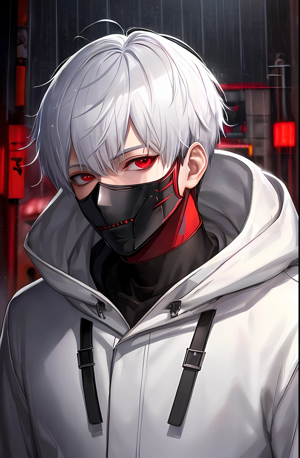kk, best quality, more details, masterpiece, 1boy, kaneki ken, portrait, male focus, red eyes, solo, bangs, looking at viewer, hood, short hair, rain, tokyo tokyo \(city\), hood up, nail polish, white hair, luxurious, 8k, detailed, ray tracing, depth of field, cinematic lighting,