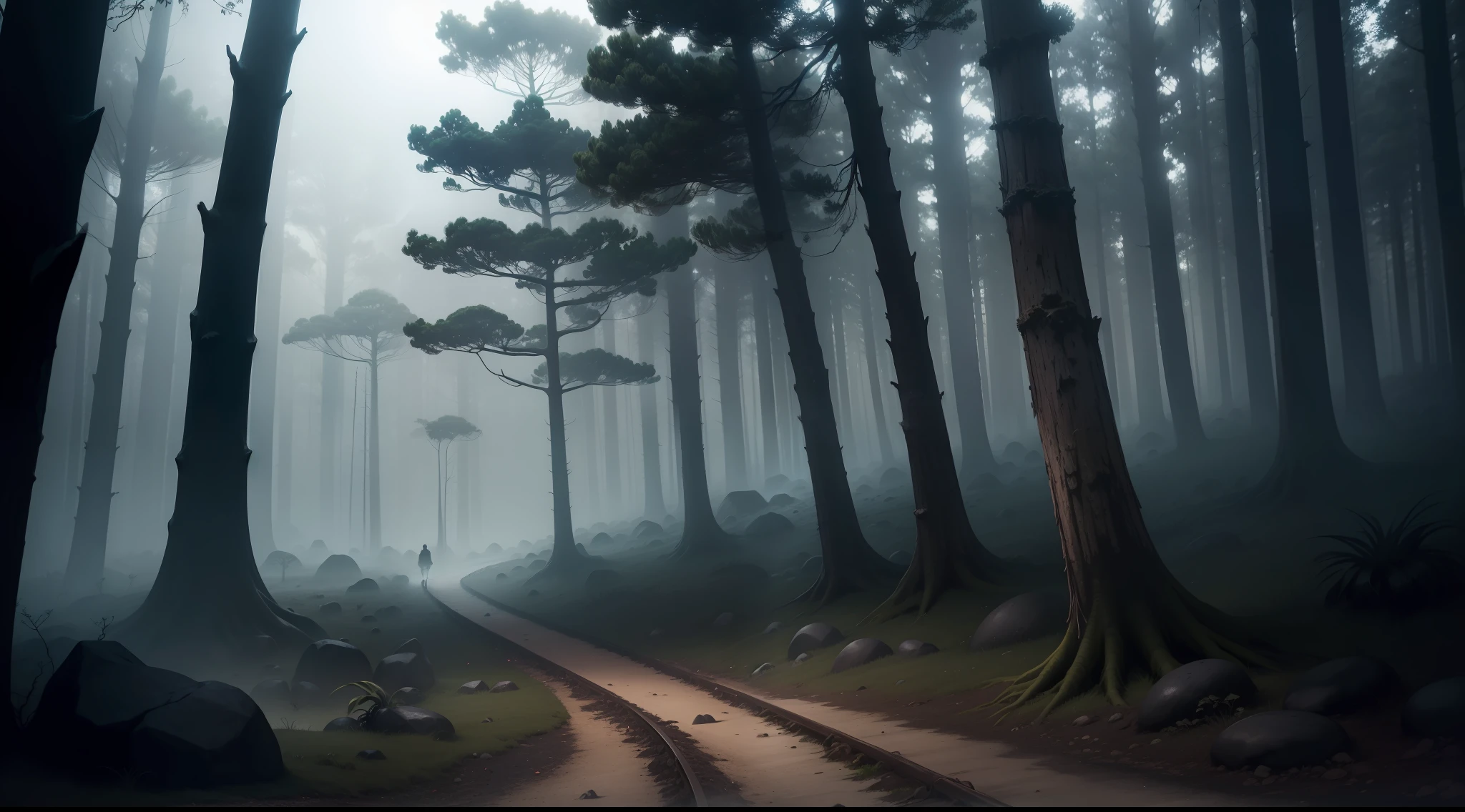 caminho sinuoso de pedras, dark and enigmatic forest, silhueta misteriosa, neblina densa, terror assustador, Deep darkness, casa antiga e assombrada, noite tenebrosa, atmosfera sinistra.